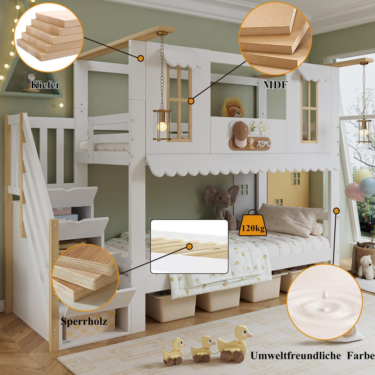 ETAGENBETT Kinderbett 90/200 cm, Weiß/Natur mit Aufbewahrungstreppe - Weiß, Holz (90/200cm) - MIVRAY