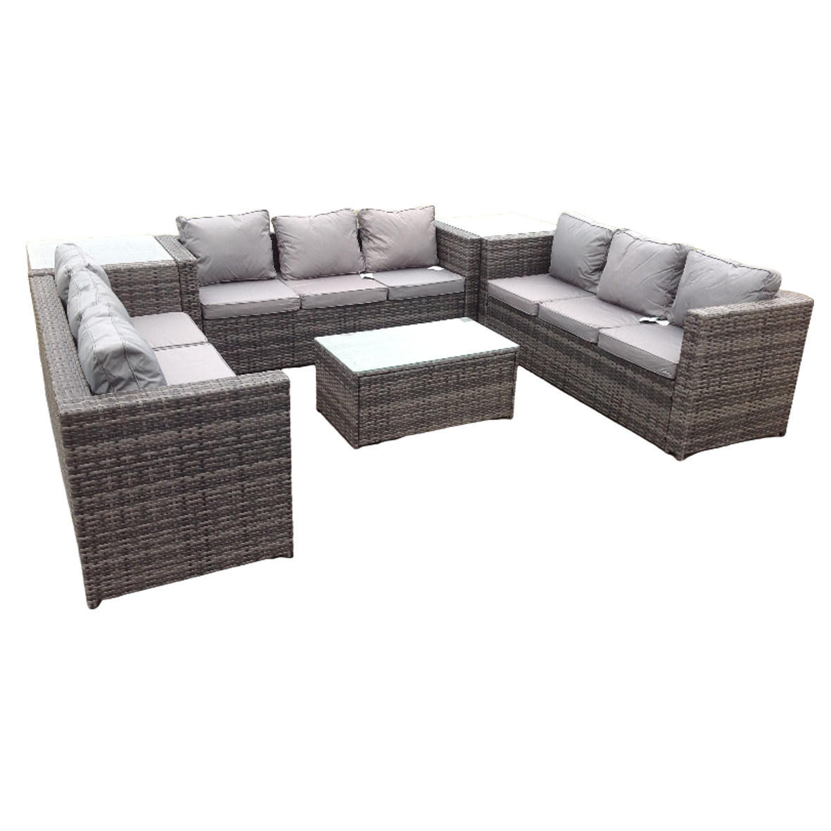 GARTENSET Polyrattan 9-Sitzer - Dunkelgrau/Grau, Glas/Kunststoff - Fimous
