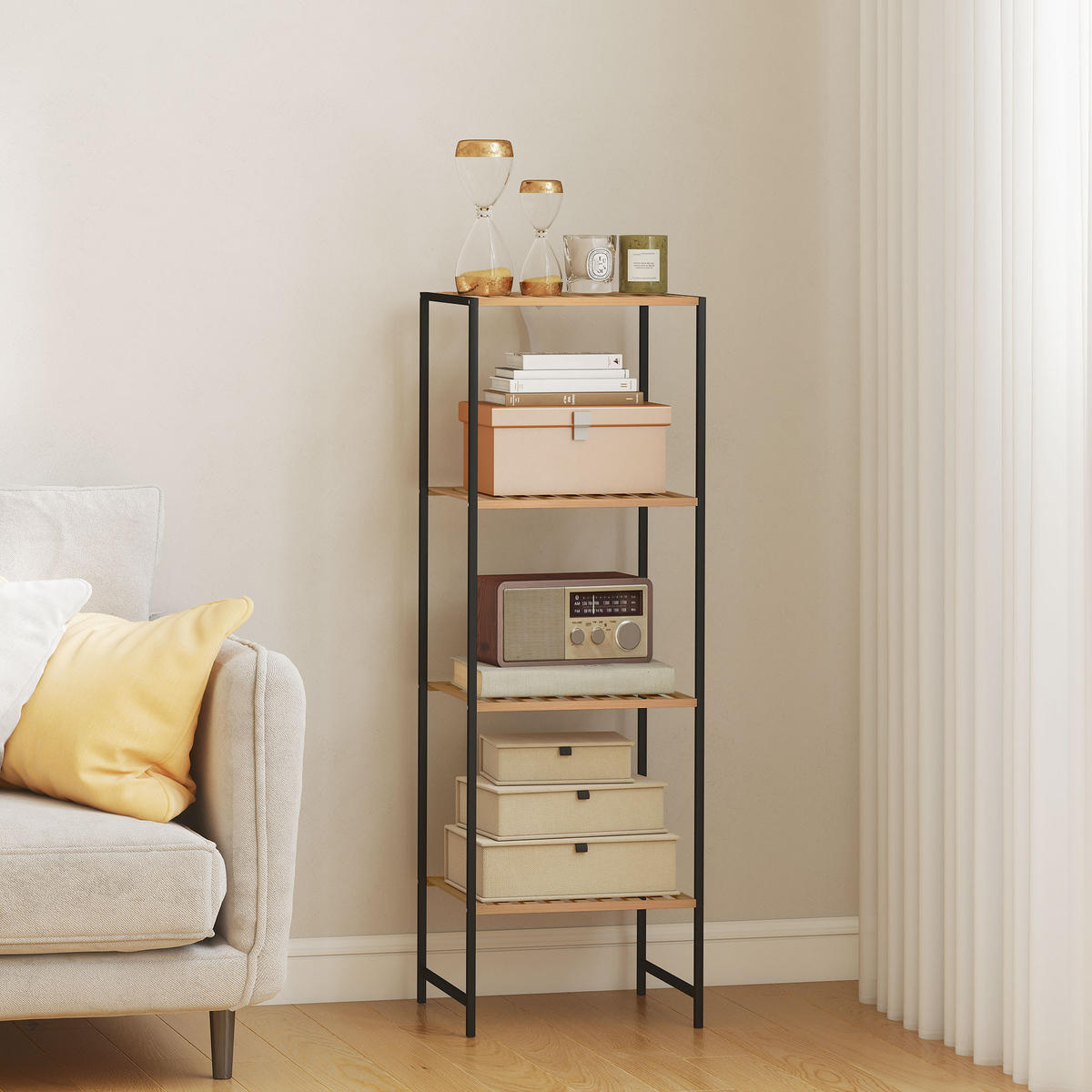 STANDREGAL mit 4 Ablagen aus Bambus und Stahl - Schwarz/Naturfarben, Metall (33/110/36.5cm) - HOMCOM