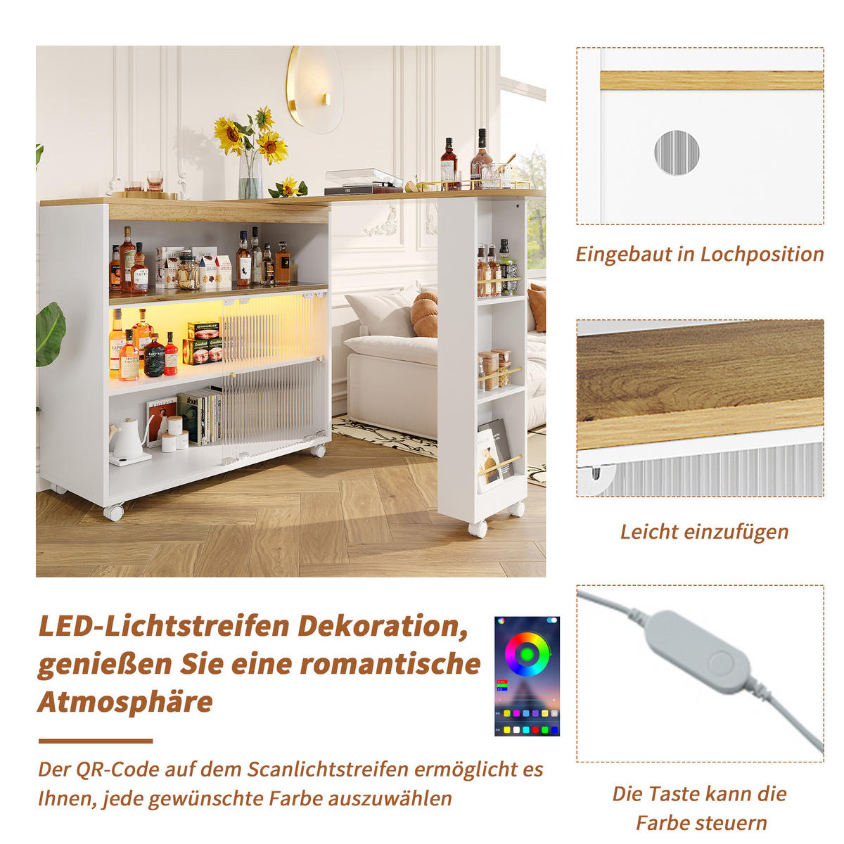 BAROVÝ STŮL rozkládací s LED a kolečky - bílá, kompozitní dřevo (39/138/105cm) - Urban Meuble
