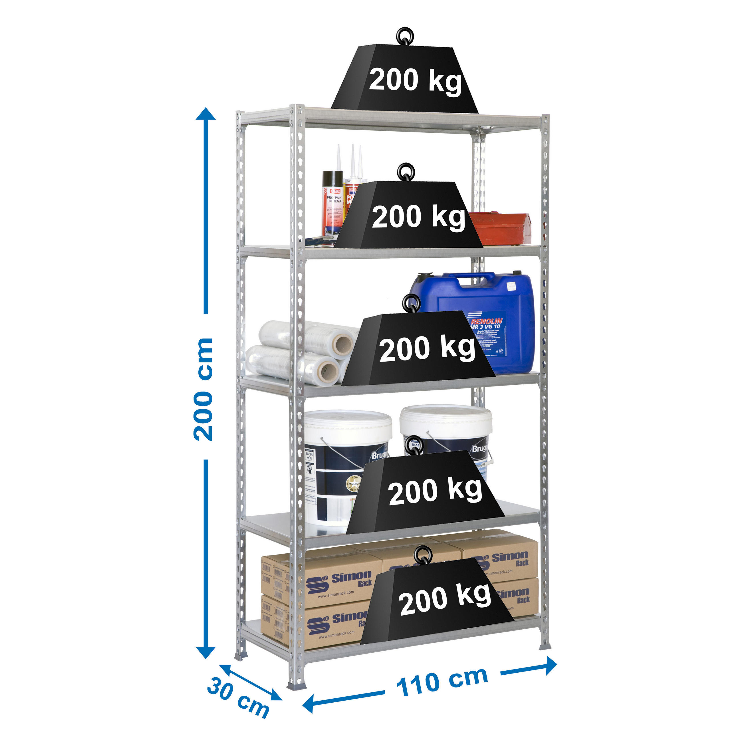 SCHWERLASTREGAL Big Metal Shark HxBxT 200 x 110 x 30 cm Fachlast 200 kg Verzinkt - Silberfarben, Metall (110/200/30cm) - PROREGAL