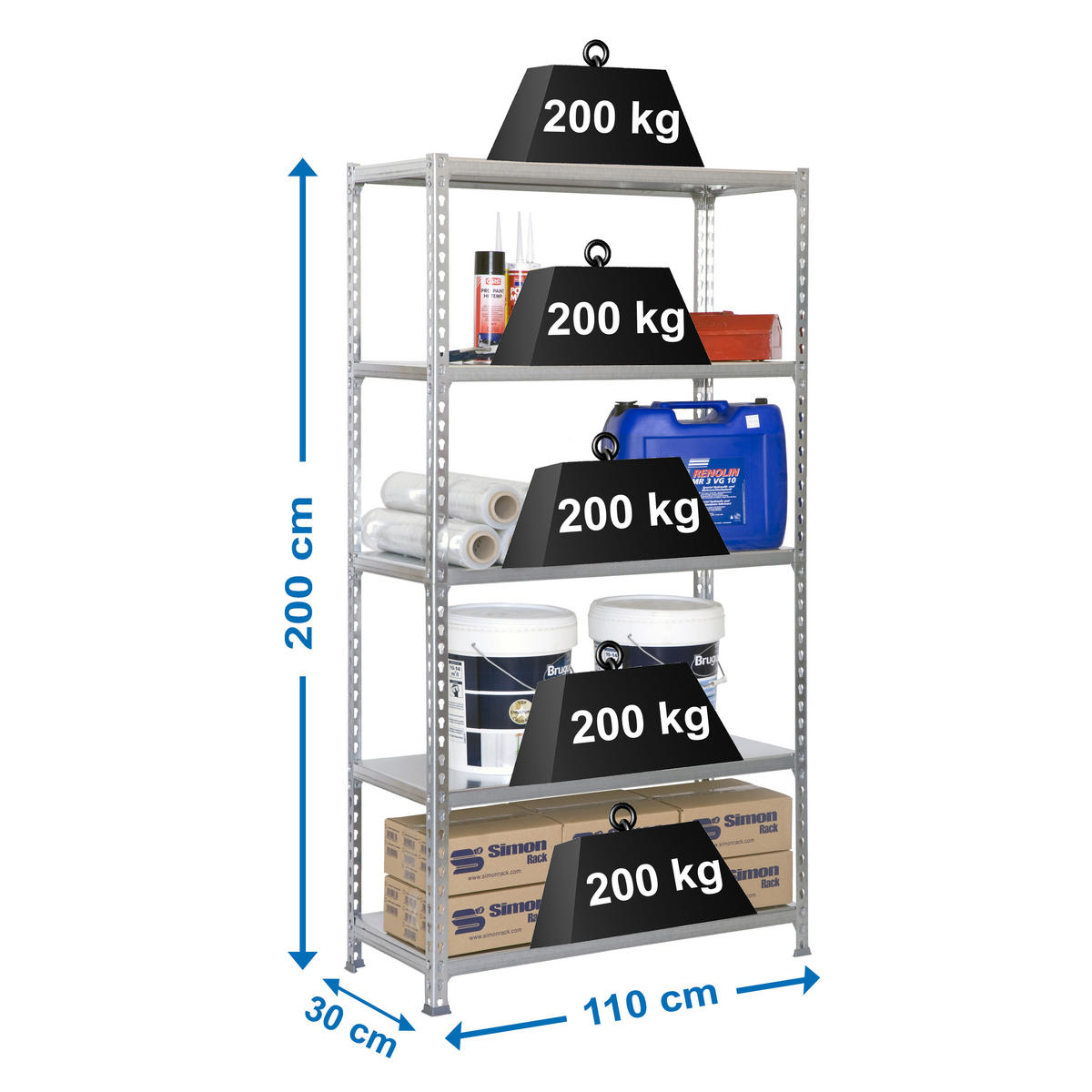 SCHWERLASTREGAL Big Metal Shark HxBxT 200 x 110 x 30 cm Fachlast 200 kg Verzinkt - Silberfarben, Metall (110/200/30cm) - PROREGAL
