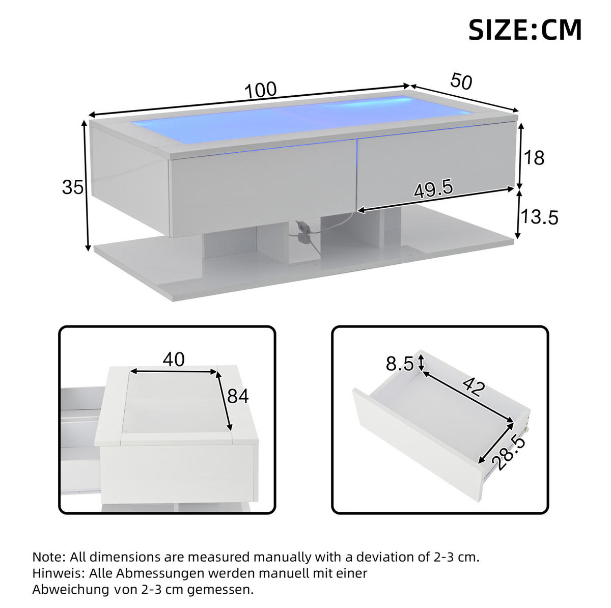 COUCHTISCH 100/50/35 cm aus Spanplatte mit Glasplatte, 2 Schubladen und LED-Beleuchtung, Weiß - Weiß, Holzwerkstoff (100/50/35cm) - Redom