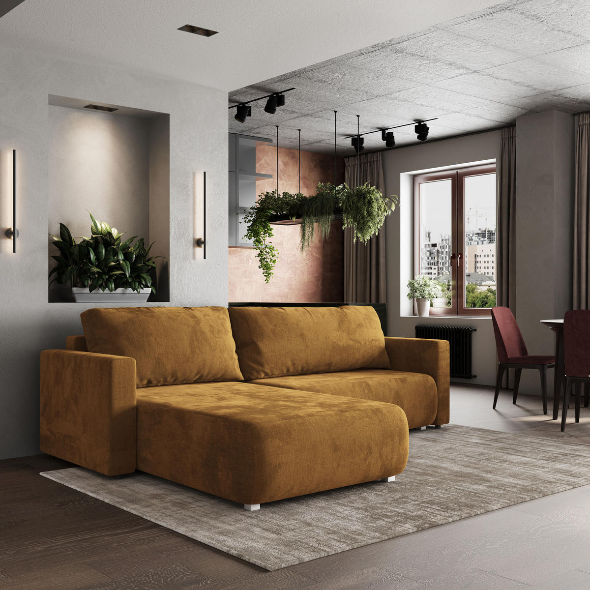 ROHOVÁ SEDAČKA TURIN žlutá - šedá/žlutá, dřevo/textil (265/183cm) - MASSENO