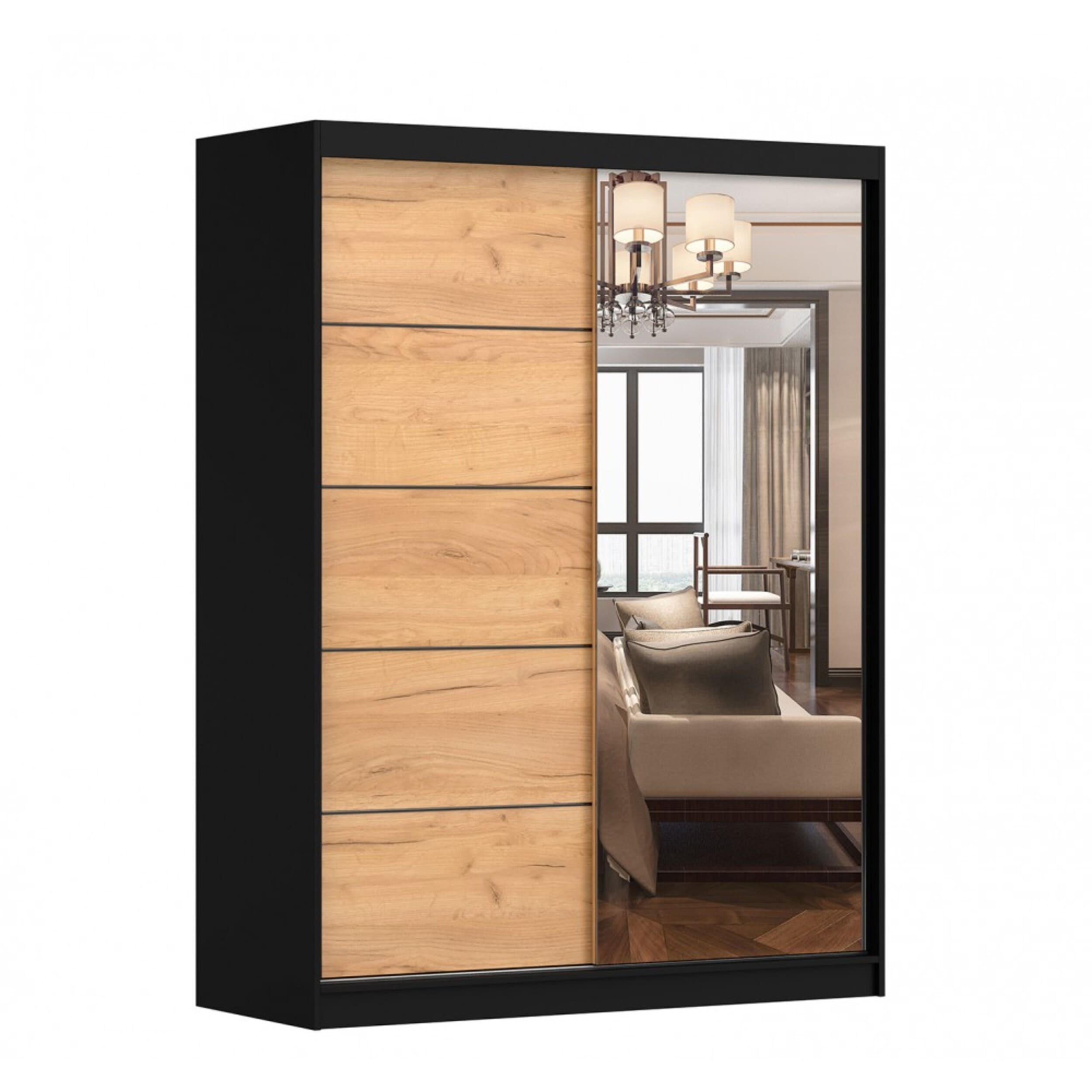 SCHIEBETÜRENSCHRANK - Beni 05 Craft (Schwarz + Craft gold) - Eichefarben/Schwarz, Holzwerkstoff/Metall (150/200/61cm) - Möblo