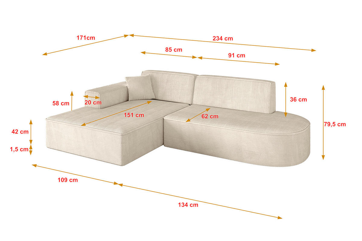 ECKSOFA Ottomane Links IREA-L1-v4 - 234x171x79 cm Beige - Beige, Holzwerkstoff/Textil (234/171cm) - ALTDECOR