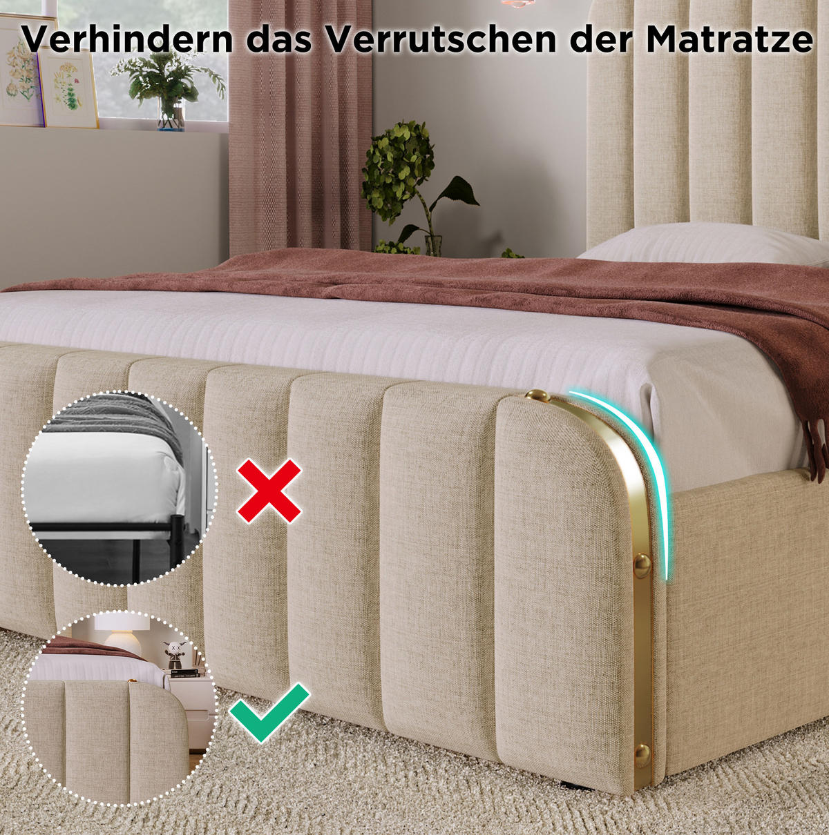POLSTERBETT 160/200 cm Beige aus Leinen mit 4 Schubladen und USB-/Typ-C-Ladefunktion - Beige, Textil (160/200cm) - OKMYHOME