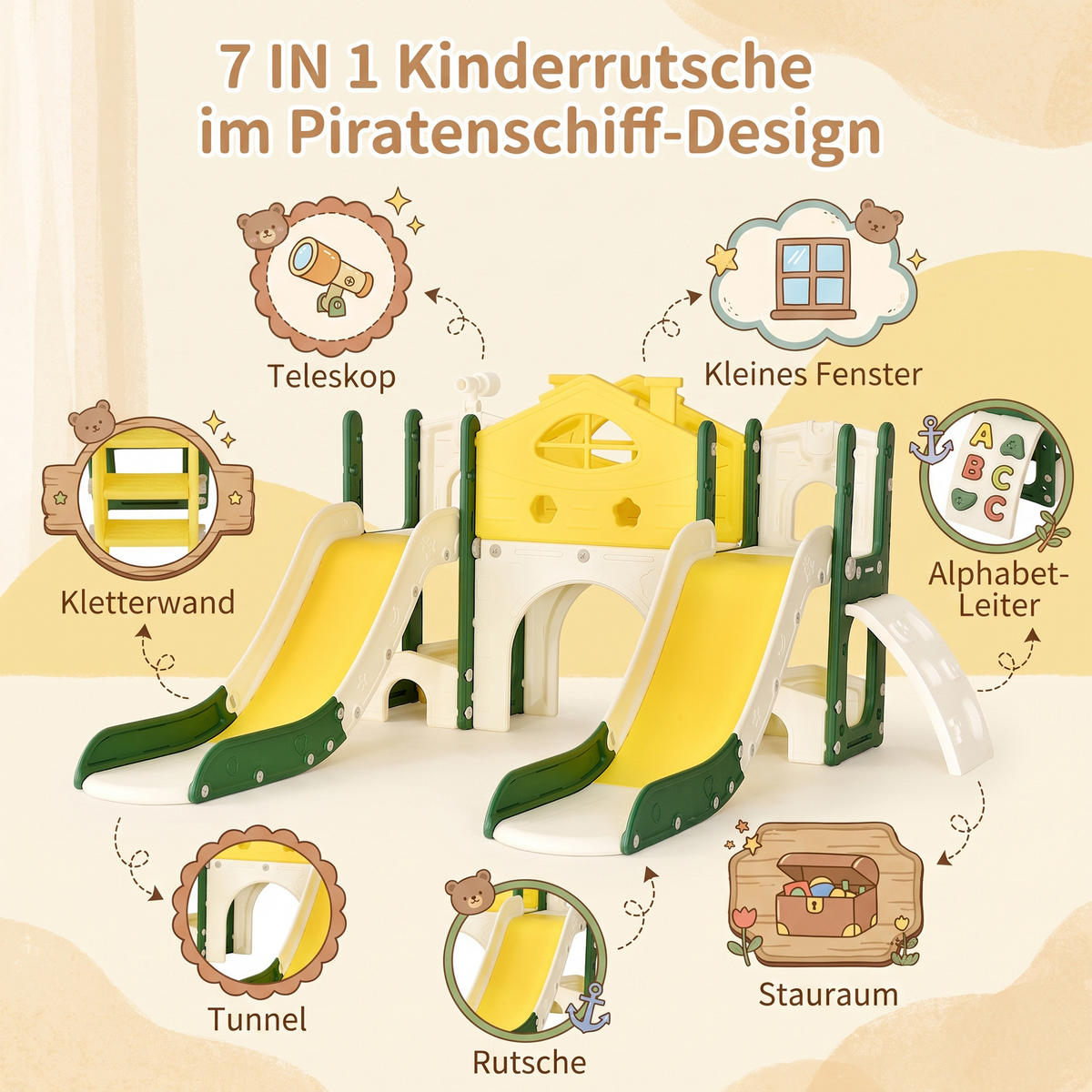 KINDERRUTSCHE 7 in 1 Indoor und Outdoor Babyrutsche mit schieber, Gelb - Gelb, Kunststoff (166/96/203cm) - GENKI LIVING