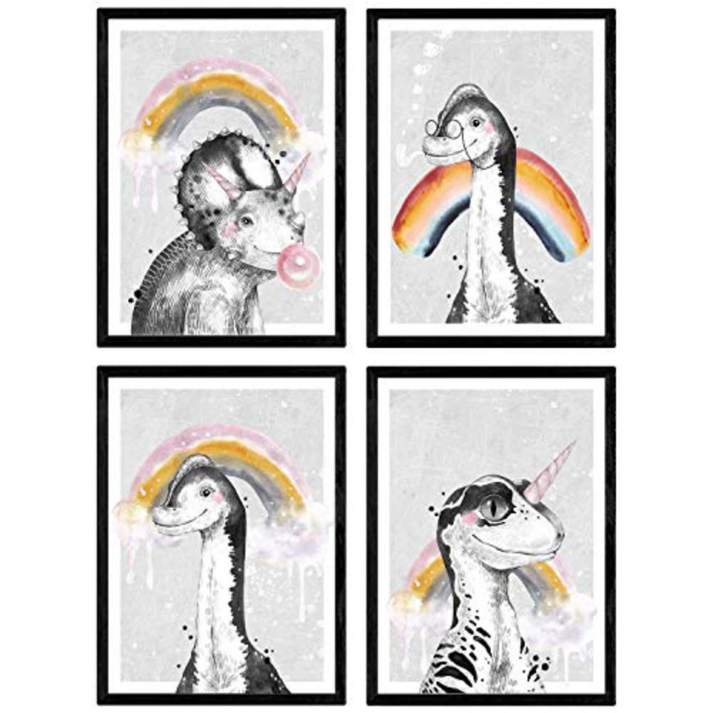 POSTER Set mit 4 Dinosaurios arociris A3 Schwarzer Rahmen - Schwarz, Papier (29.7/3cm) - Nacnic