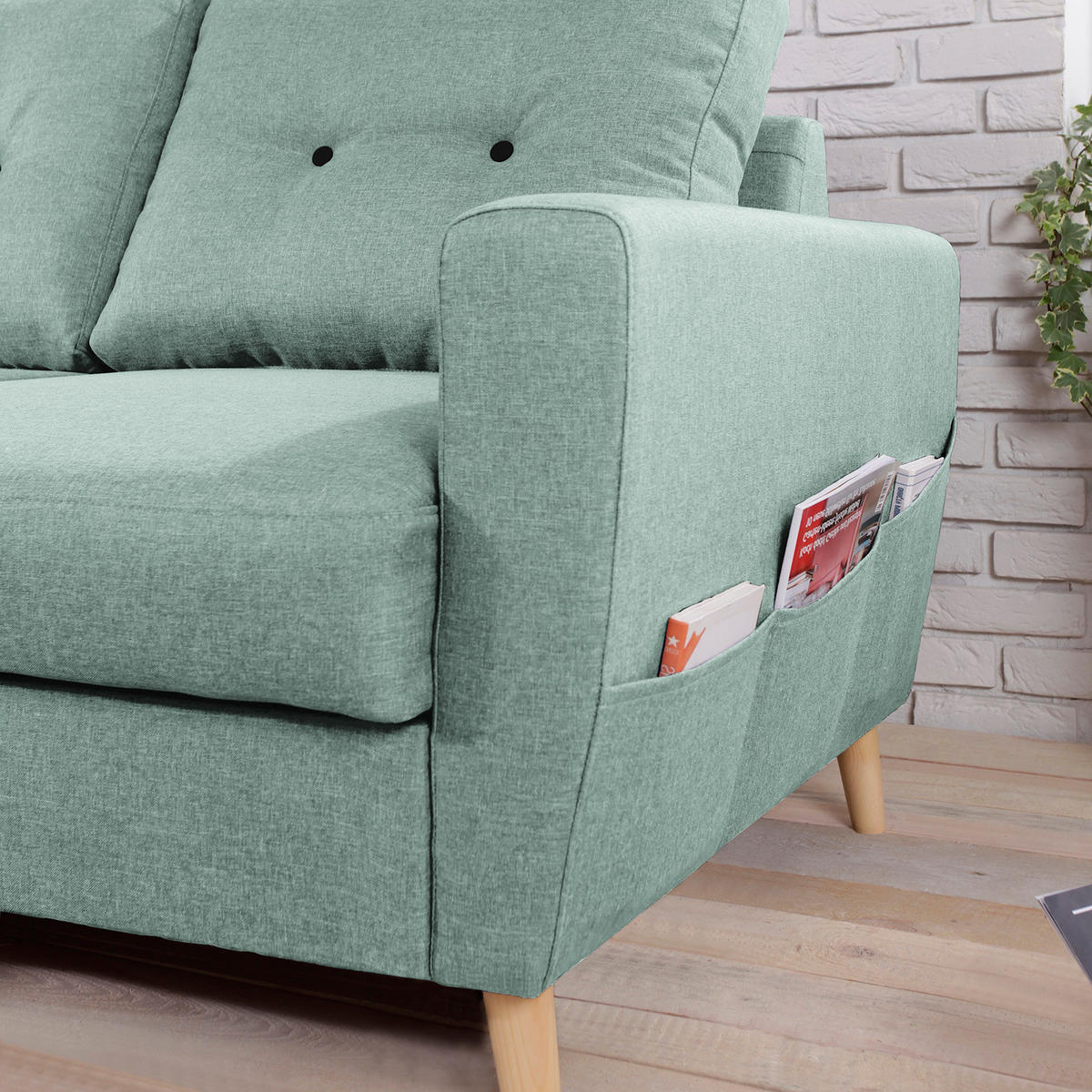 ECKSOFA mit Ottomane - Webstoff - Hellbraun/Mintgrün, Holz/Textil (230/200cm) - home24