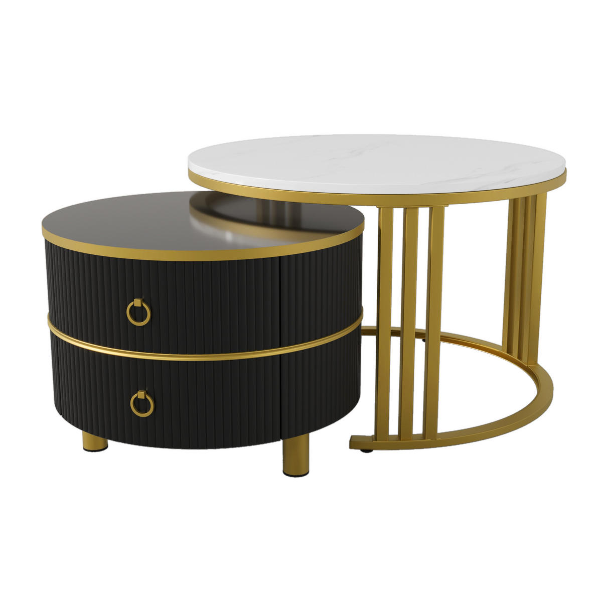 COUCHTISCH mit 2 Schubladen Marmoroptik MDF rund Weiß 70/70/46 + 50/50/40 cm - Goldfarben/Schwarz, Holzwerkstoff/Kunststoff (70/70/46cm) - EVRYAE