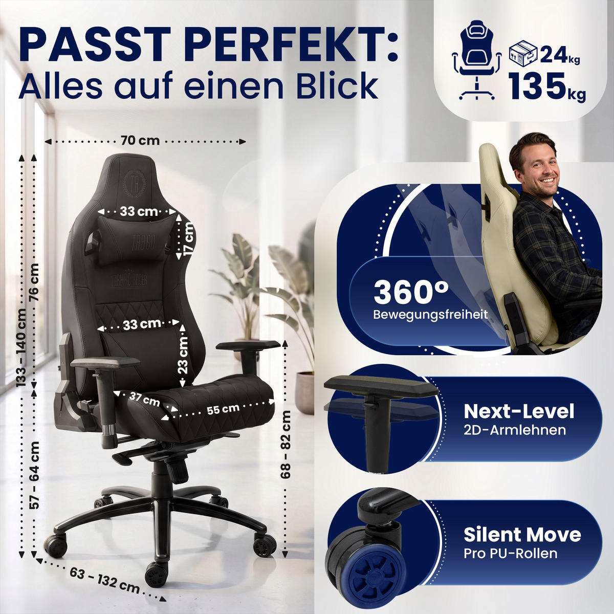 GAMINGSTUHL Echtleder braun - Schwarz/Braun, Leder/Metall (70/133/64cm) - CLP