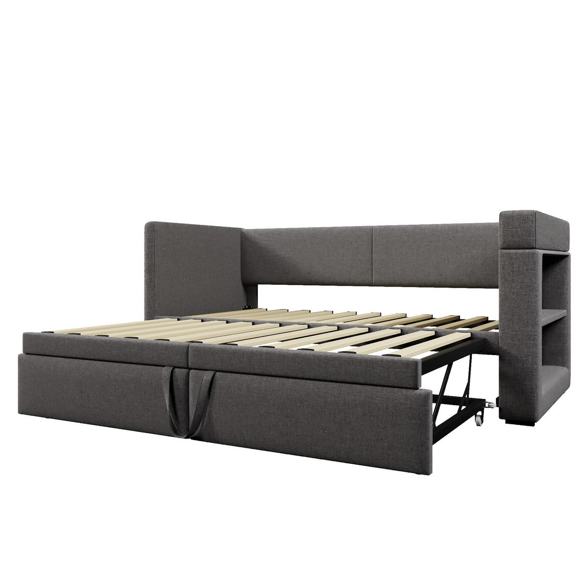 POLSTERBETT 90/200 cm mit Ausziehbett, USB- und Type-C-Anschluss sowie Getränkehalter, Grau - Grau, Textil (90/200cm) - Redom
