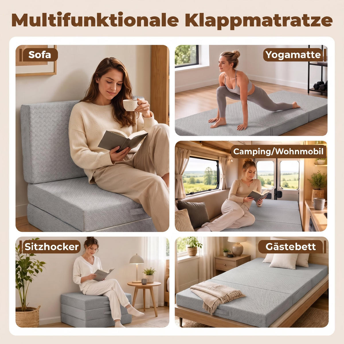 KLAPPMATRATZE Strickstoff 100 Prozent Polyester Gel-Memory-Schaum Hellgrau - Hellgrau, Textil (90/200cm) - HOMCOM