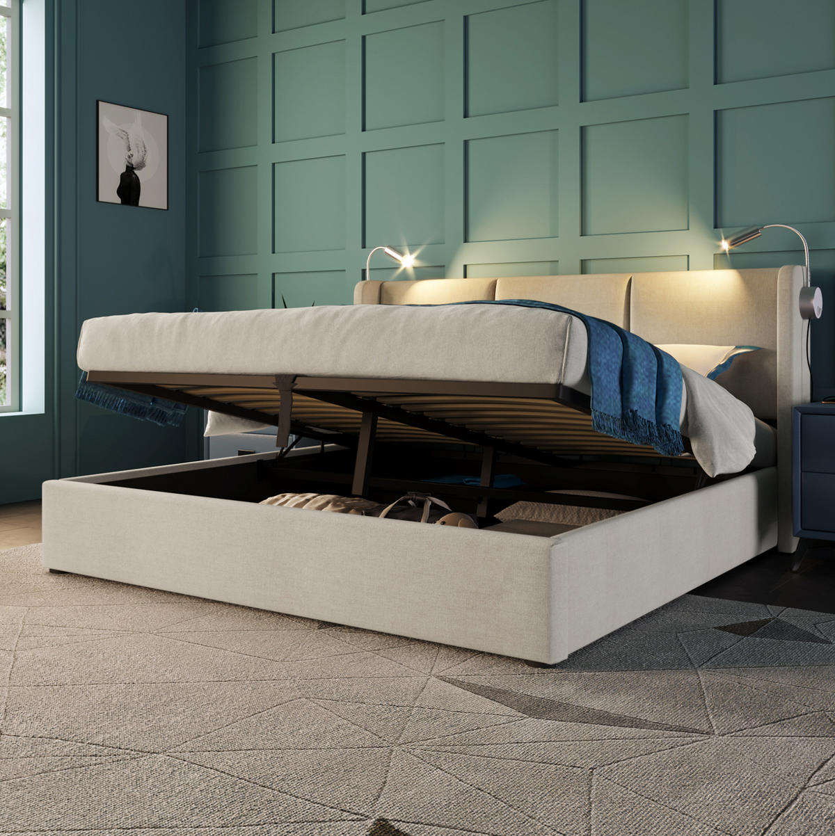 BETT mit Bettkasten 140x200 cm Leinen Beige mit Leselicht und USB - Beige, Metall (140/200cm) - Meubliv