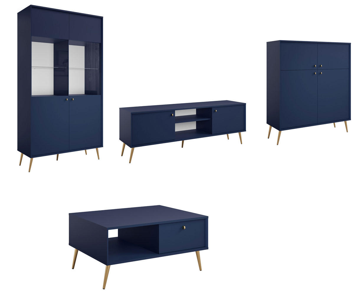 WOHNZIMMER SET 4-TEILIG Rose marineblau 366,5 / 66 / 191cm - Blau/Goldfarben, Holzwerkstoff/Metall (261.5/191/66cm) - Feldmann-Wohnen