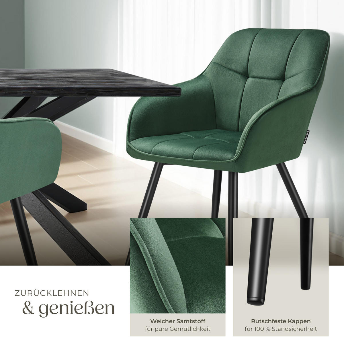 ESSZIMMERSTUHL 4er Set Marilyn 58 x 62 x 82 cm dunkelgrün/schwarz - Dunkelgrün/Schwarz, Kunststoff (58/82/62cm) - tectake