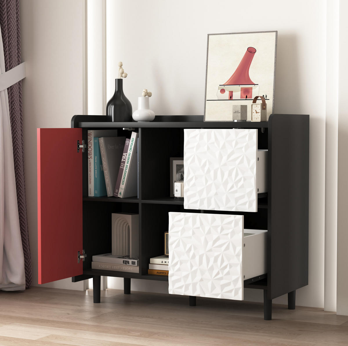 SIDEBOARD 90/40/80 cm mit 2 Schubladen & offenen Fächern in Schwarz/Rot - Rot, Holzwerkstoff (90/80/40cm) - BEAOK