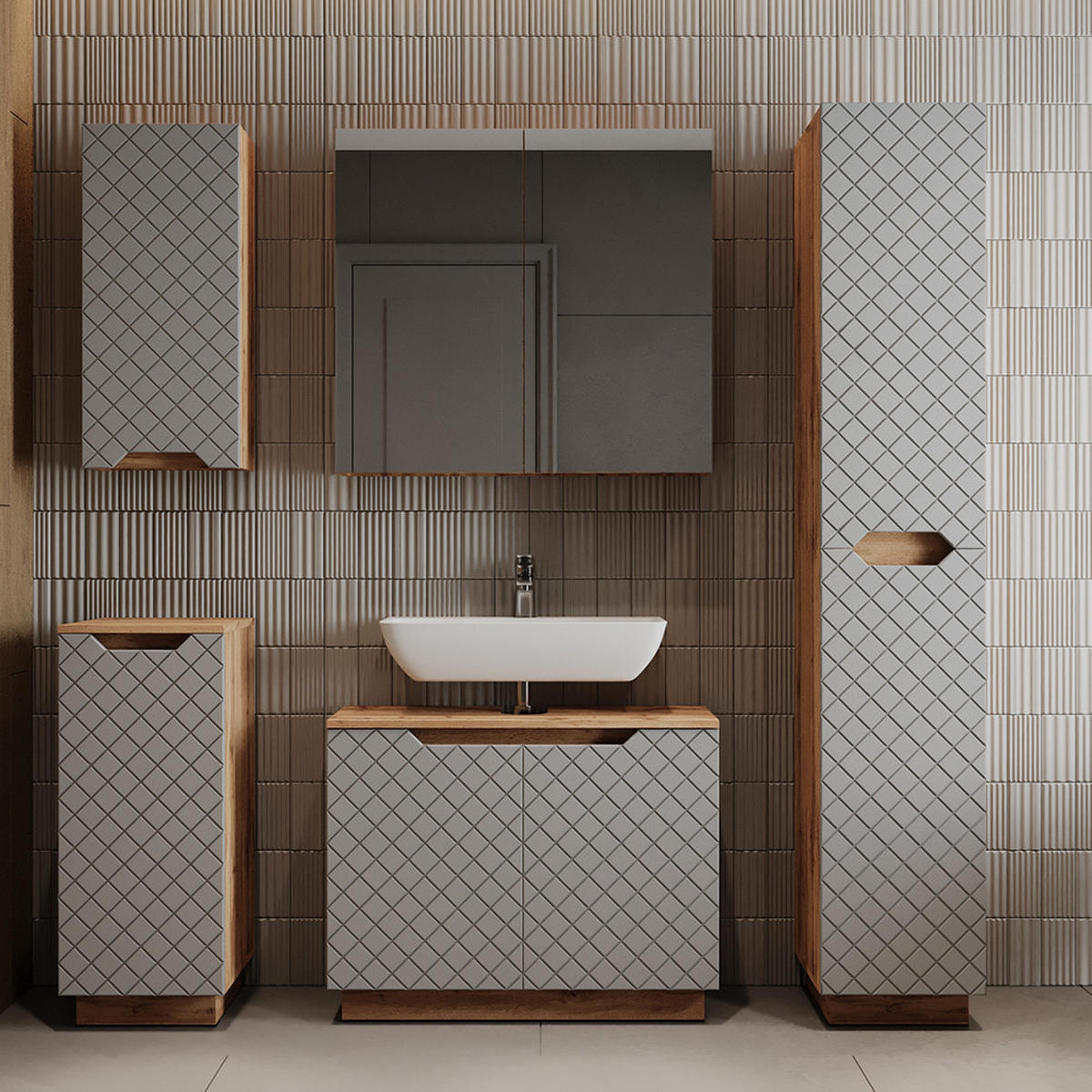 WASCHBECKENUNTERSCHRANK Lotta Eiche/Grau mit Kachelstruktur 79.6 x 62.1 cm mit 2 Türen - Eichefarben/Grau, Holzwerkstoff (79.6/62.1/32cm) - Vicco