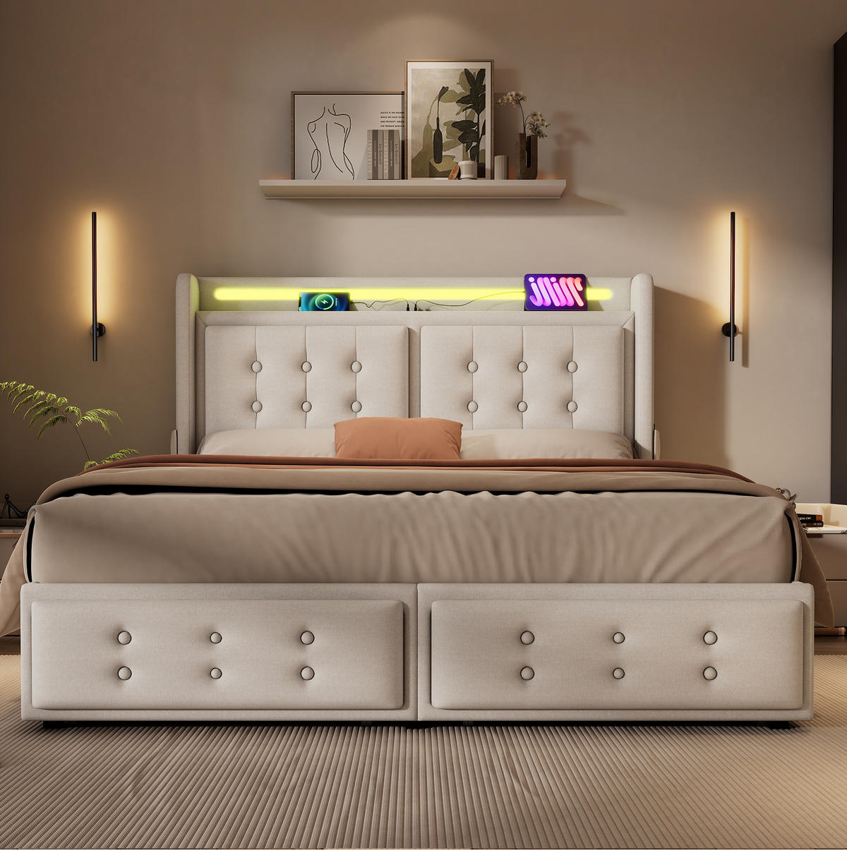 POLSTERBETT mit LED und USB 180x200 cm Beige mit 4 Schubladen - Beige, Metall (180/200cm) - Meubliv