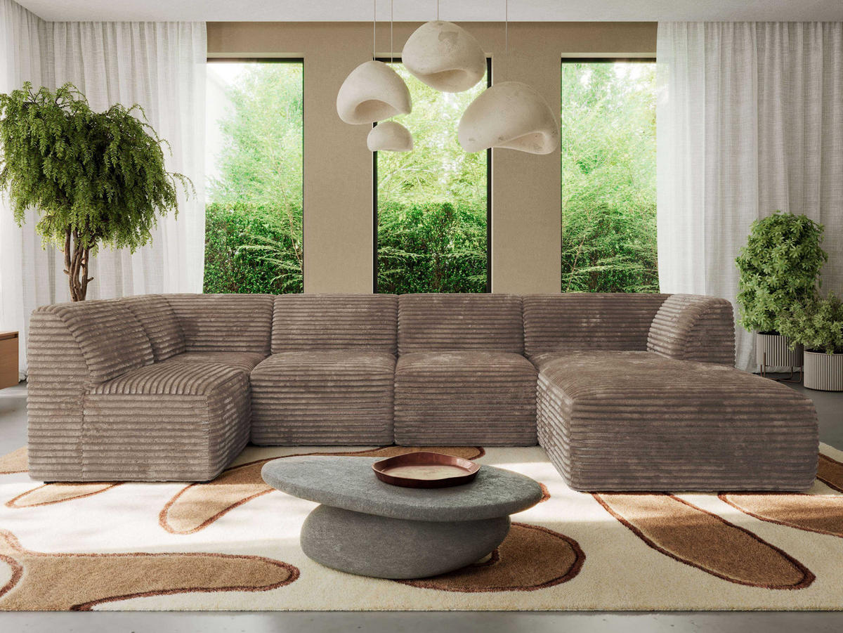 WOHNLANDSCHAFT MODARO U 5M - Braun Cord - Rechts - Schwarz/Braun, Textil (345/78/180cm) - MKS