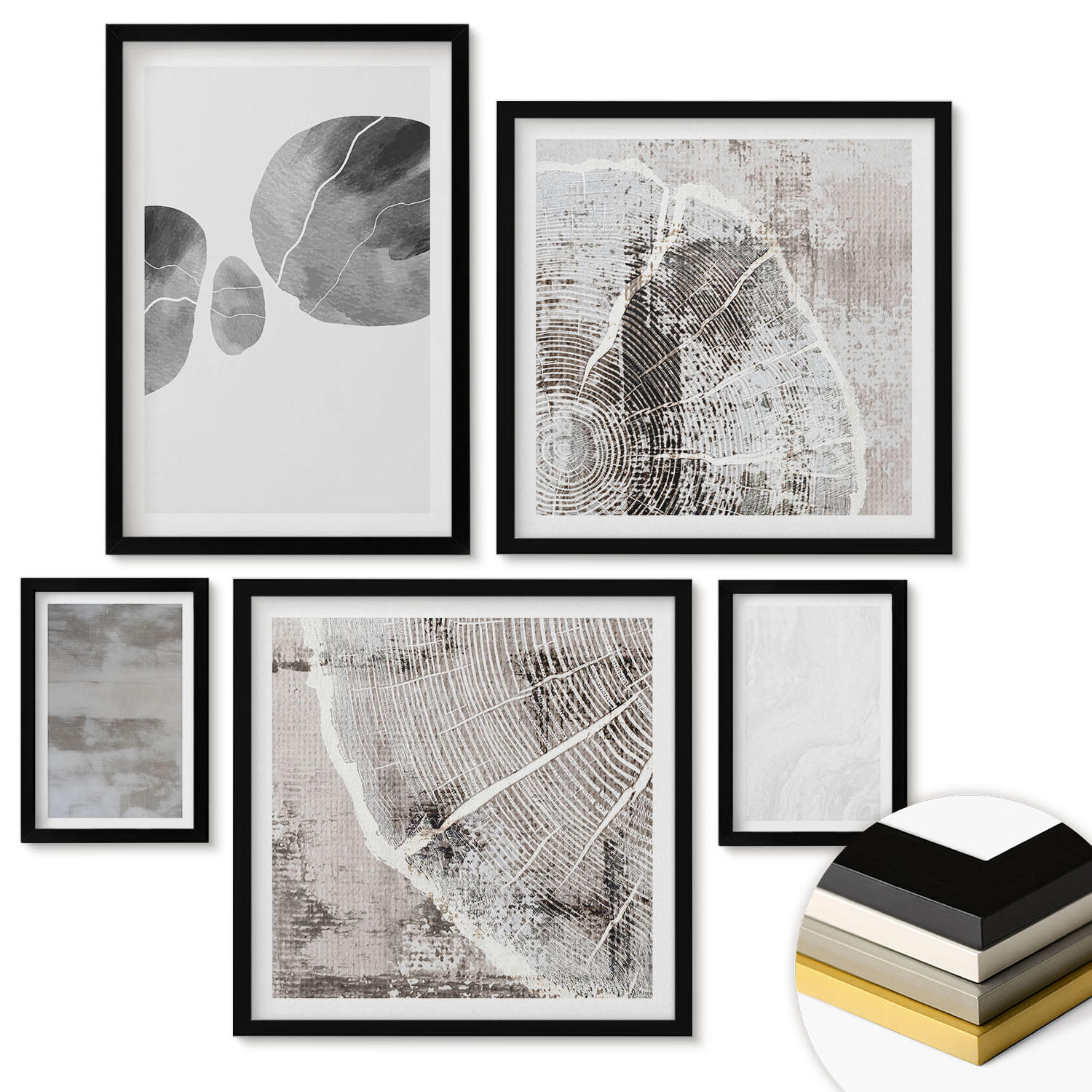 WANDBILDER 5er-Set - 50x50 cm & 20x30 cm & 40x60 cm Schwarzer Rahmen - Abstrakte moderne Formen - Schwarz, Kunststoff (40/60cm) - ArtPrintCave