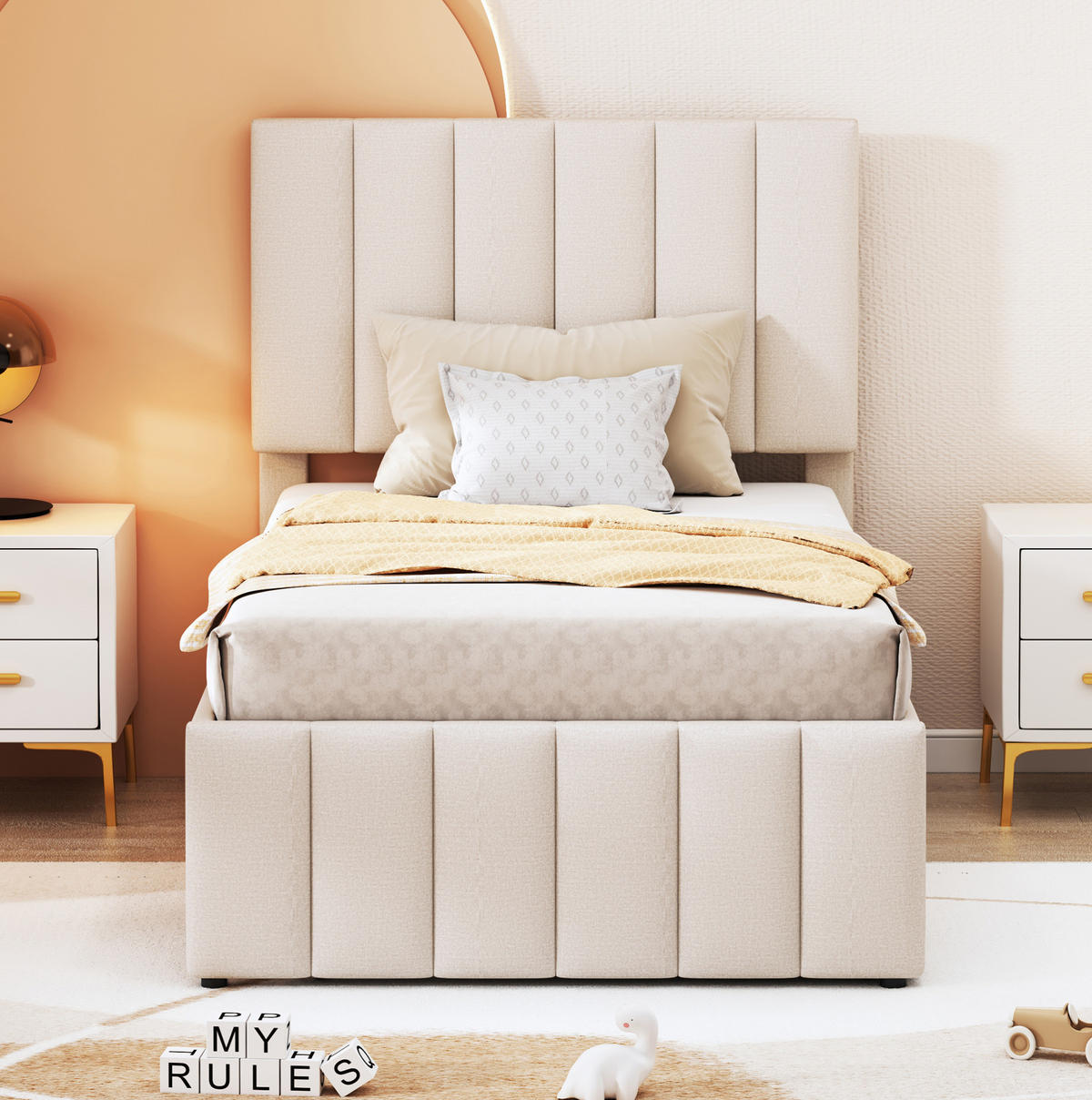 POLSTERBETT 90/200 cm mit Ausziehbett und 3 Schubladen, höhenverstellbarem Kopfteil und Leinenbezug, Beige - Beige, Textil (90/200cm) - Redom