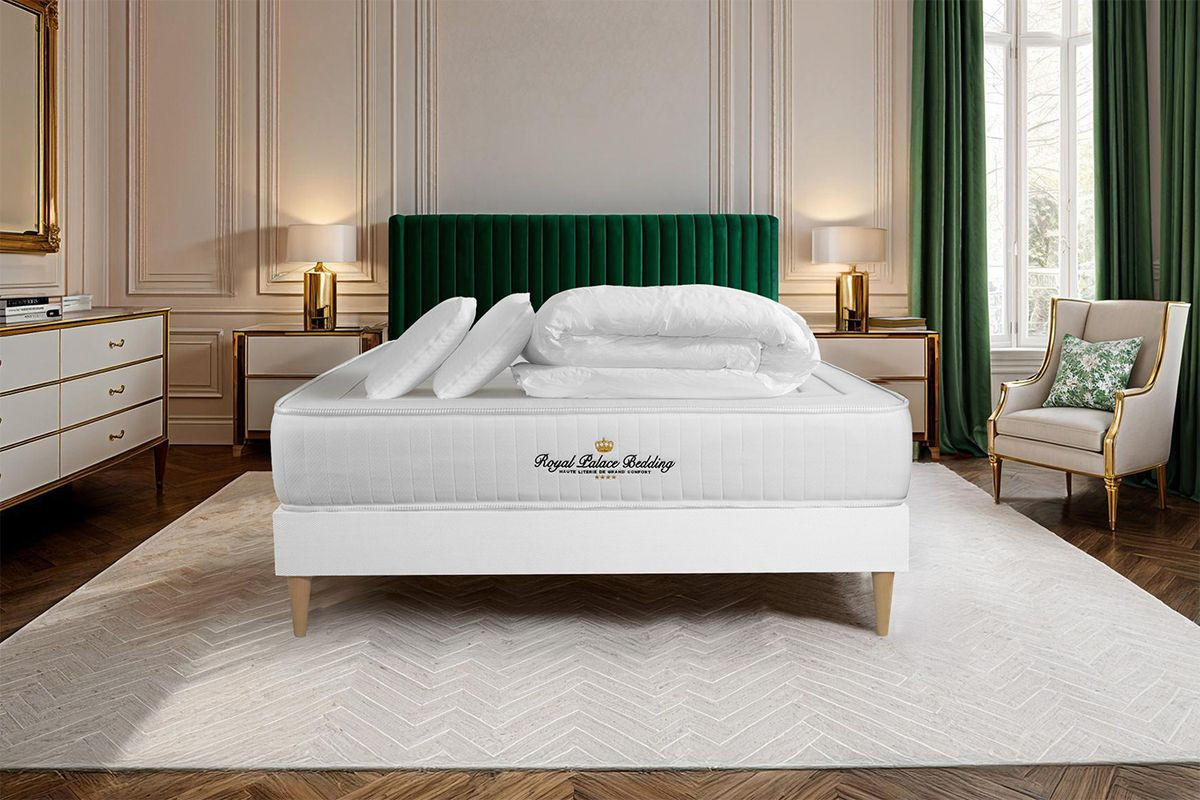 BETT Lancaster Taschenfederkern und Memory-Schaum 160 x 200 cm h3 - Kit Bettgestell Weiß - Mit Kissen und Bettdecke - Beige/Weiß, Karton/Holz (160/200cm) - ROYAL PALACE BEDDING
