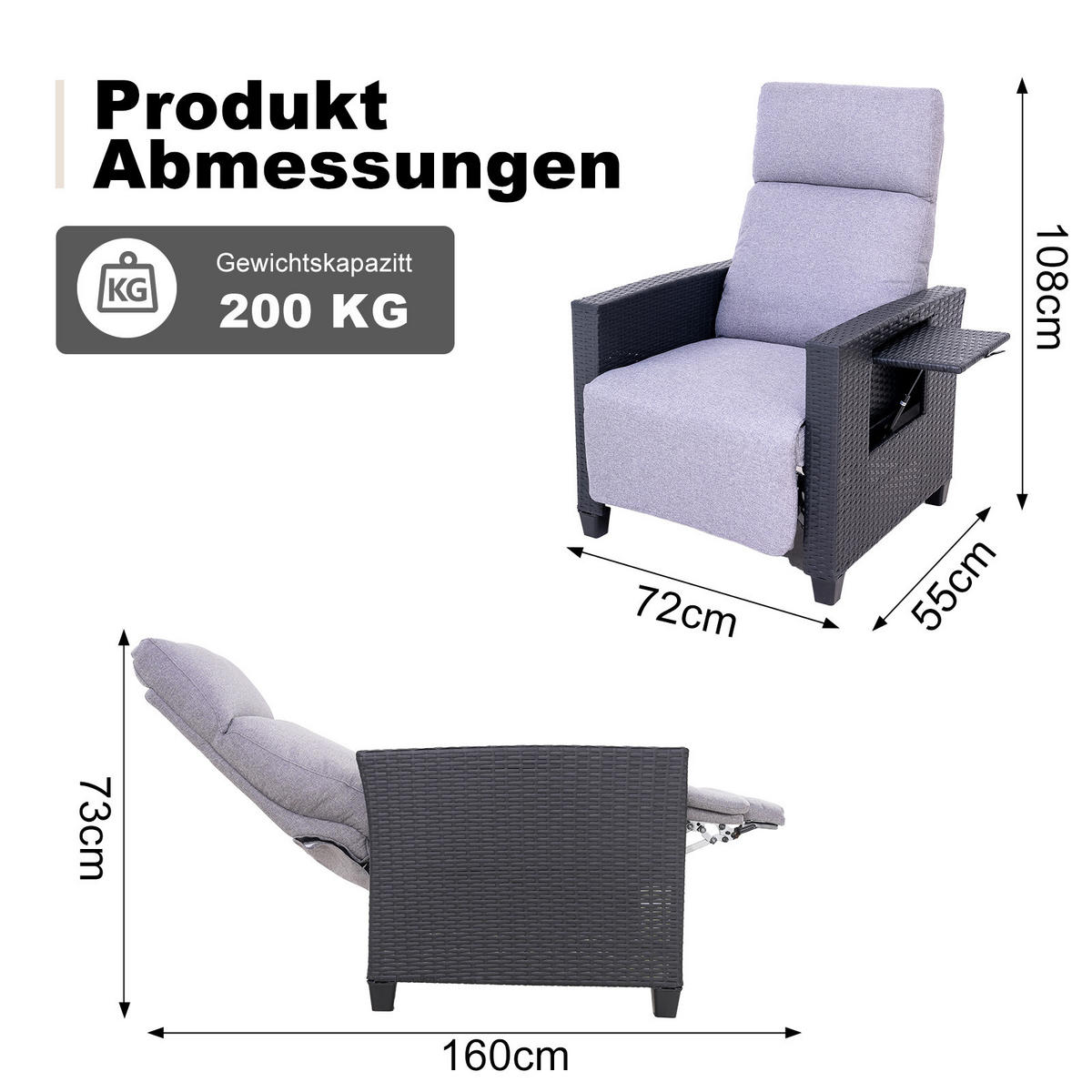 GARTEN-RELAXSESSEL-TY02 - Schwarz, Metall (77.5/112/75cm) - BELONID