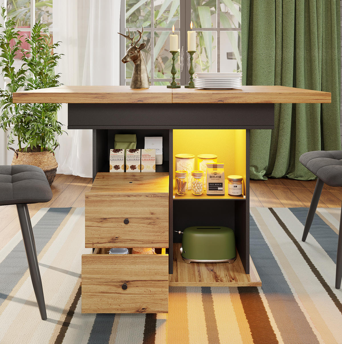 ESSTISCH 110-140/80/75 cm Schwarz/Natur aus MDF mit LED-Beleuchtung - Schwarz, Holzwerkstoff (110/80/75cm) - OKMYHOME