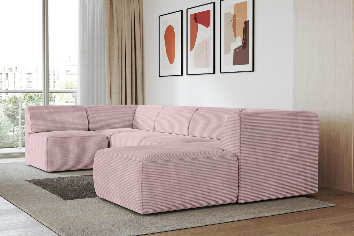 WOHNLANDSCHAFT Ottomane Rechts MOVA 345x180x78 Rosa Cord - Schwarz/Rosa, Holzwerkstoff/Kunststoff (345/78/180cm) - ALTDECOR