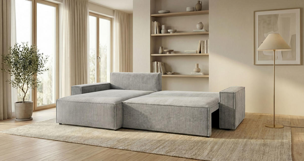 ROHOVÁ pohovka VIENNA levá šedá manšestr Poso 55 - funkce spaní, úložný prostor - šedá, textil (285/185cm) - Cornero