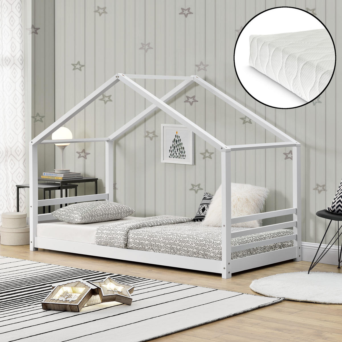 HAUSBETT Vardø mit Matratze - Weiß, Holz/Textil (90/200cm) - [en.casa]