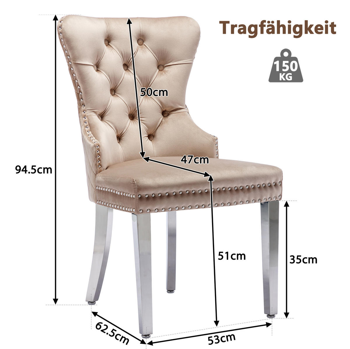 ESSZIMMERSTUHL gepolstert 62,5 x 94,5 cm Samt Beige - Beige, Metall (62.5/94.5/53.1cm) - Meubliv