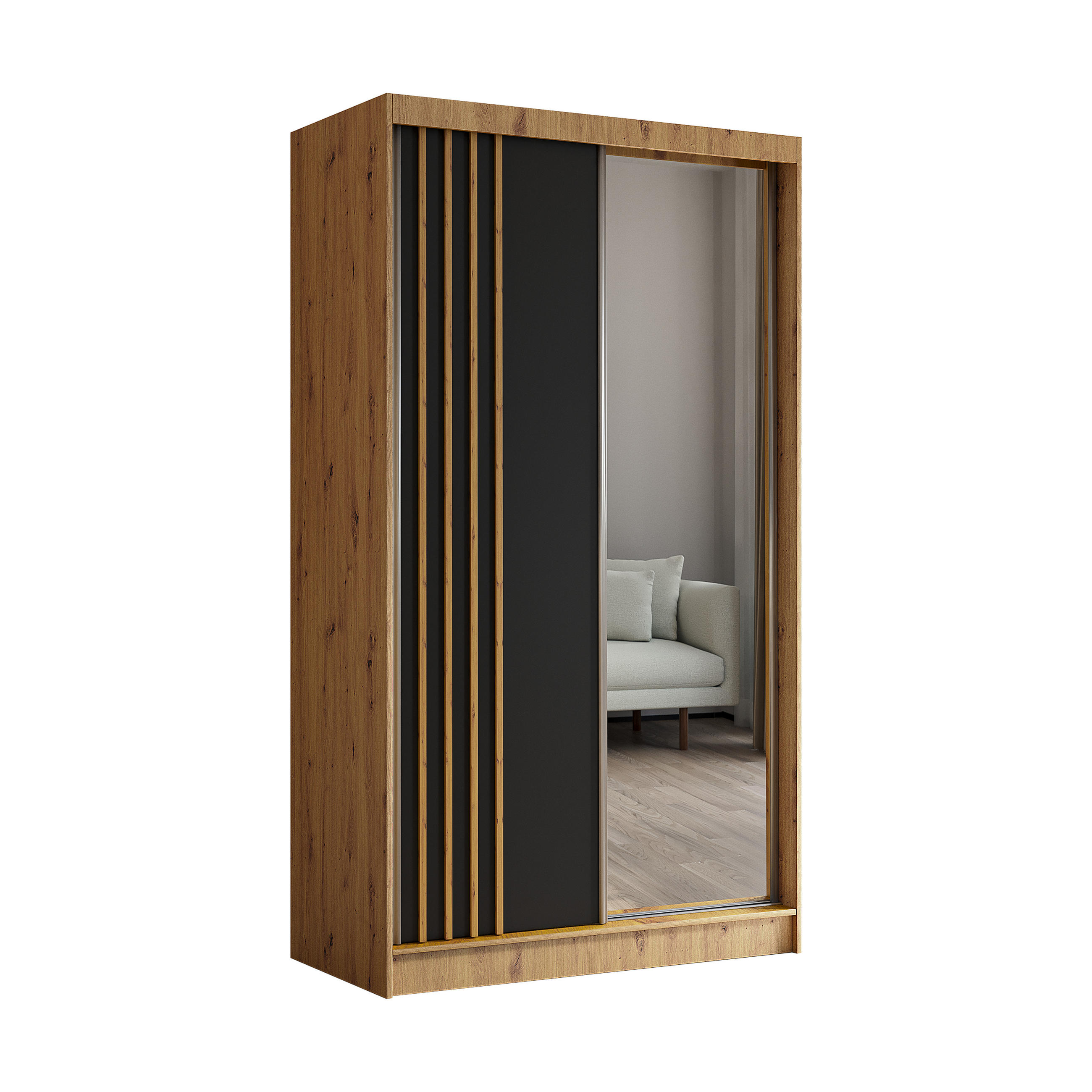 KLEIDERSCHRANK mit Spiegel-Schiebetüren und Aluminium-Leisten - NALLA - 120 cm Artisan+Schwarz+Artisan - Graphitfarben/Eiche Artisan, Holzwerkstoff (120/216/61cm) - ALTDECOR