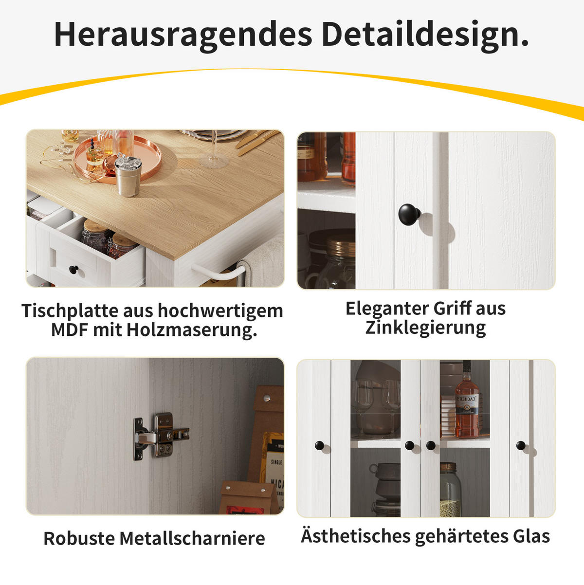 KÜCHENINSEL 151,5/60/91,7 cm Weiß Natur Metall mit klappbarer Tischplatte - Weiß, Holzwerkstoff (151.5/91.7/85cm) - OKWISH