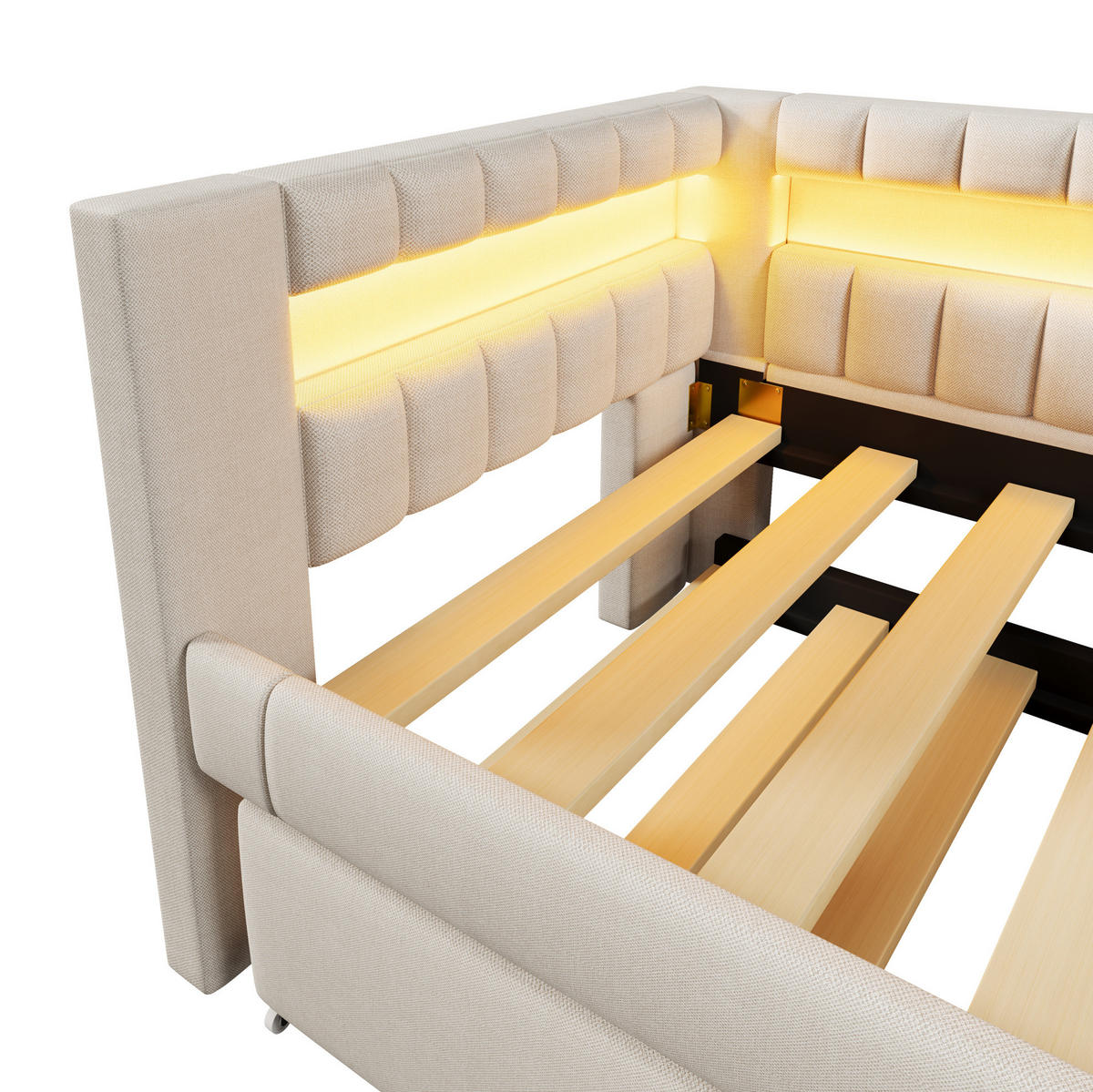 POLSTERBETT 90/200 cm Beige aus Leinen mit Ausziehbett und LED-Lichtleiste - Beige, Textil (90/200cm) - OKMYHOME