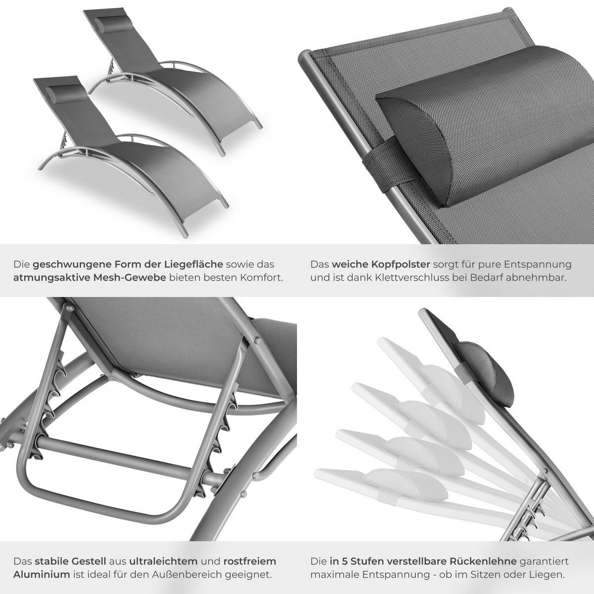 GARTENLIEGE 2er Set Alina,180 x 59 x 50 cm,grau - Grau, Kunststoff (59/81.5/180cm) - tectake