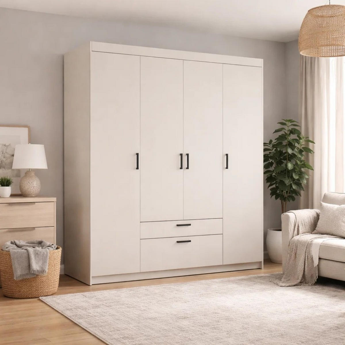 DREHTÜRENSCHRANK Elena mit 4 Türen und 2 Schubladen, ohne Spiegel Sandbeige - Sandfarben, Holzwerkstoff (176/190/53cm) - Beautysofa