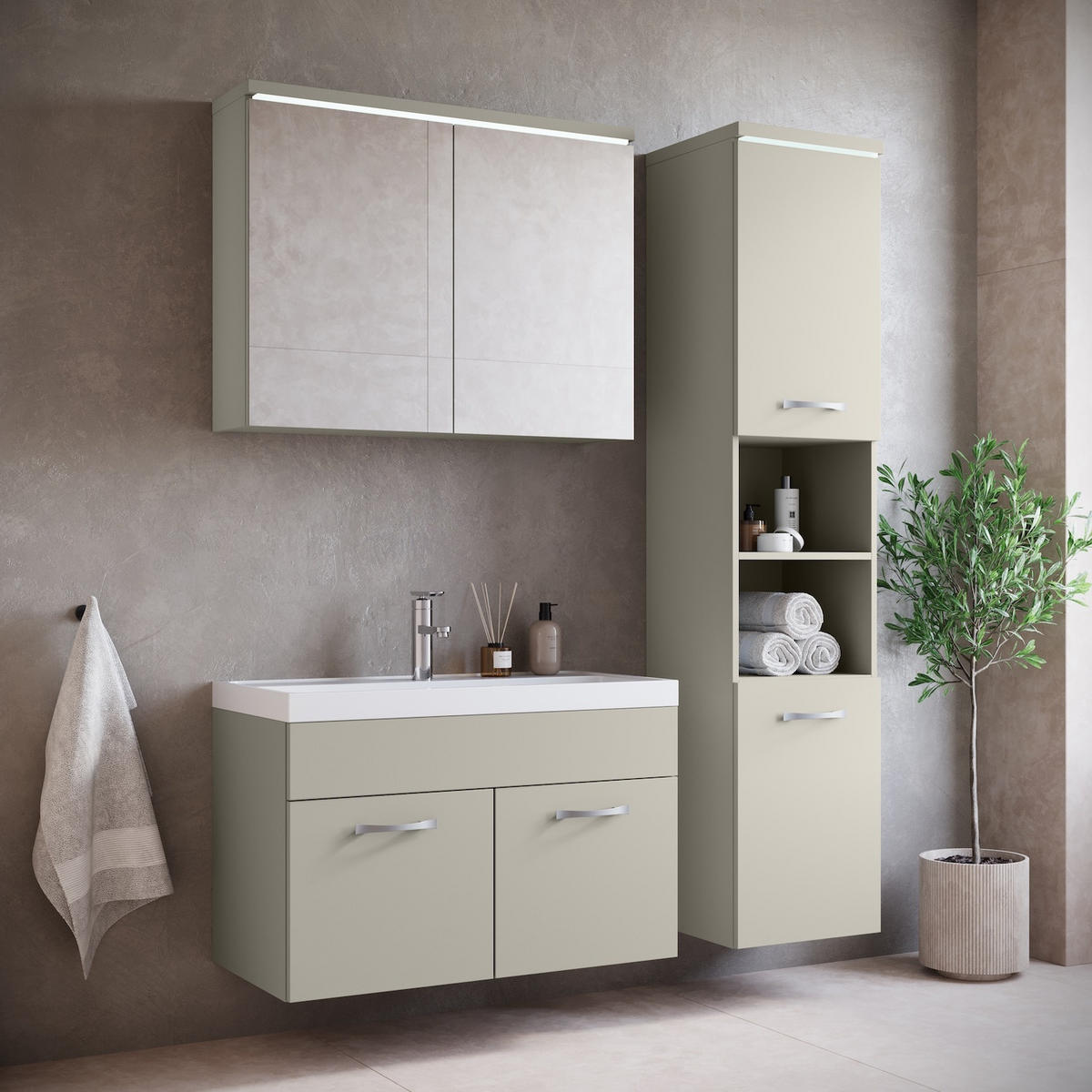 BADMÖBEL-SET Paso LED 4 Teile Cashmere - 80 x 35 x 55 cm - Kaschmir, Holz (80/55/40cm) - Badplaats