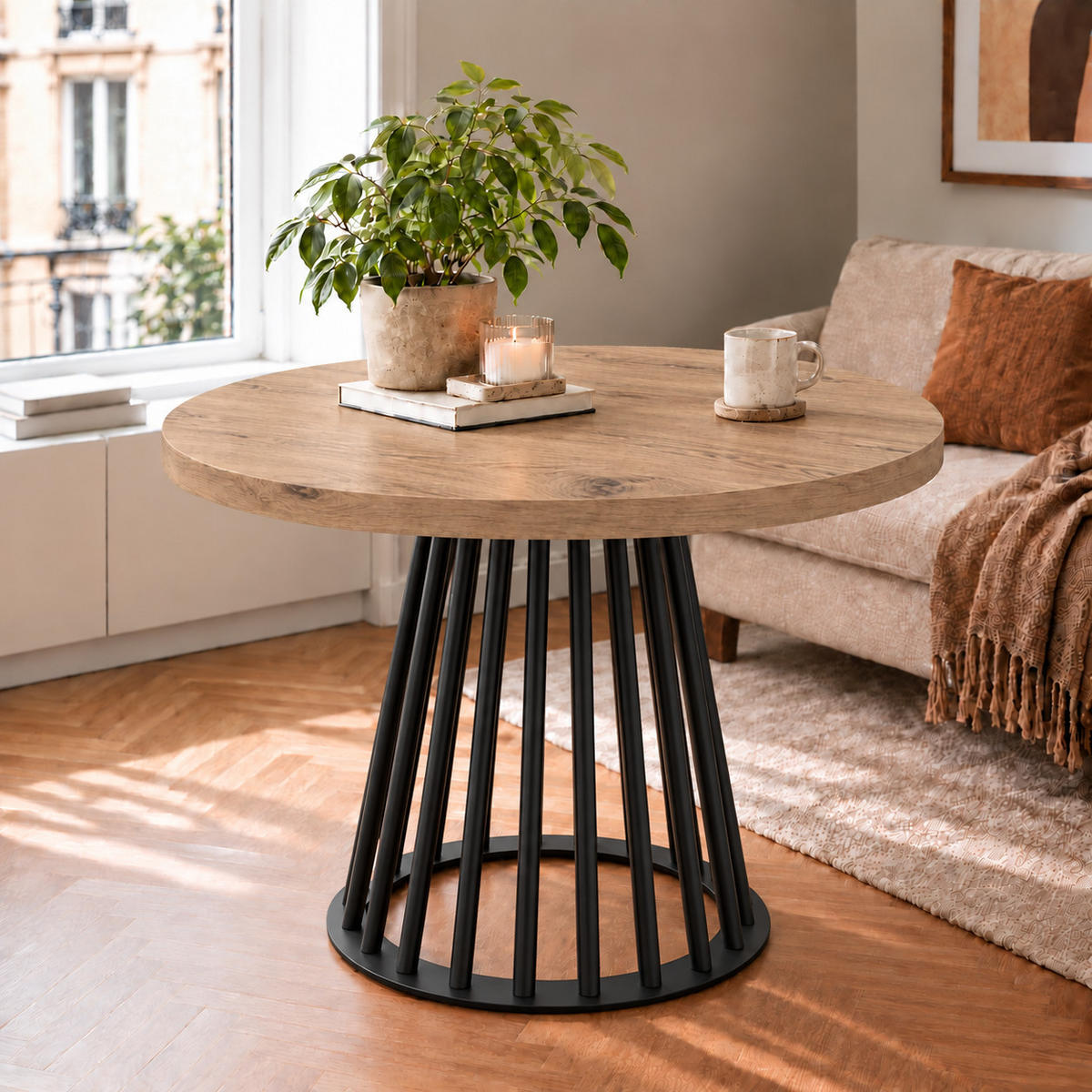ESSTISCH rund ausziehbar 100/300/76 cm, Graubraun Eiche Halifax Egger, 54 cm Tischplatte + Lamellen-Metallgestell Schwarz - Eichefarben/Graubraun, Holzwerkstoff/Metall (100/300/76cm) - Damale Möbel