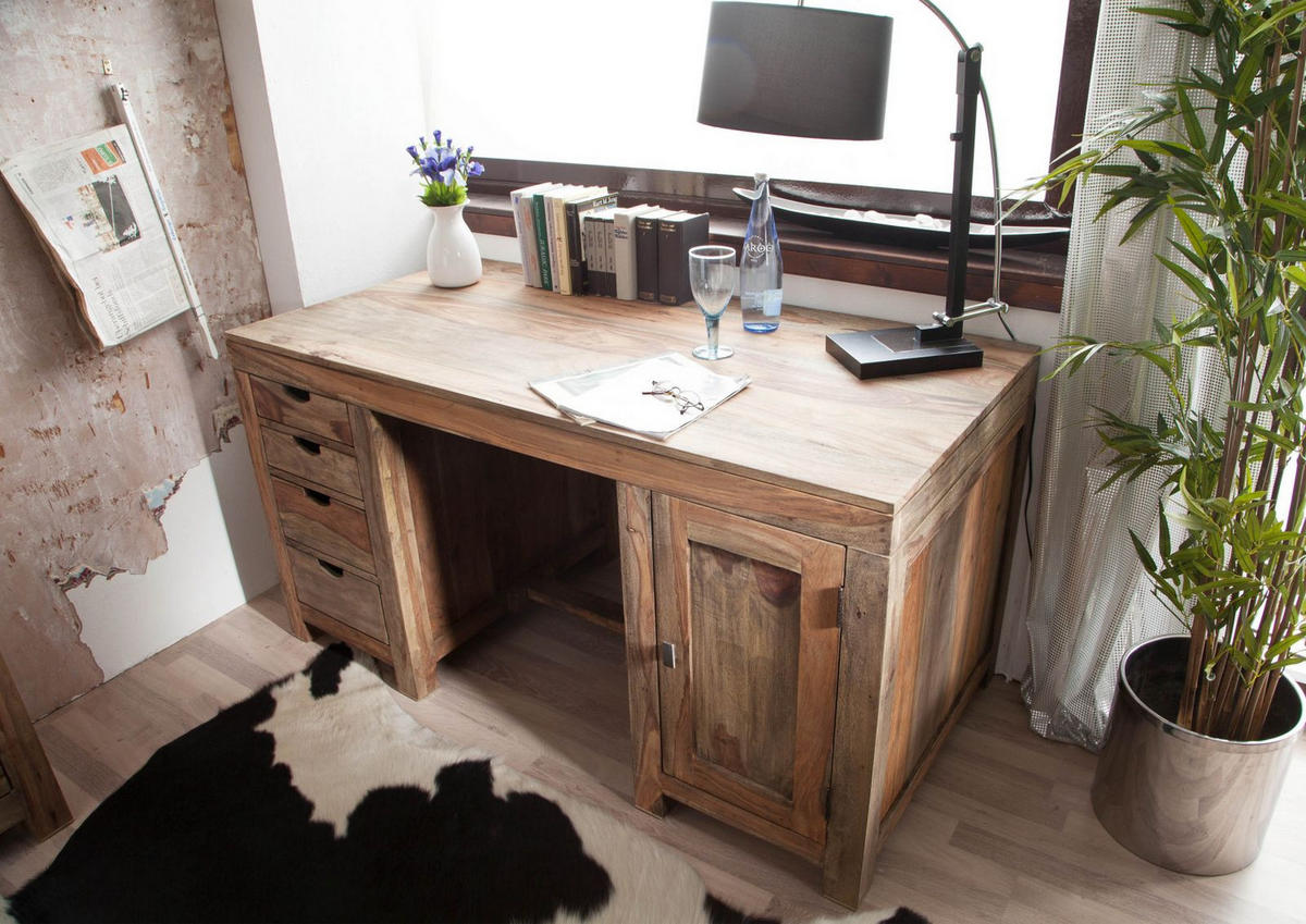 SCHREIBTISCH Sheesham 150x75x78 grau geölt NATURE GREY #70 - Grau, Holz (75/150/78cm) - Massivmoebel24