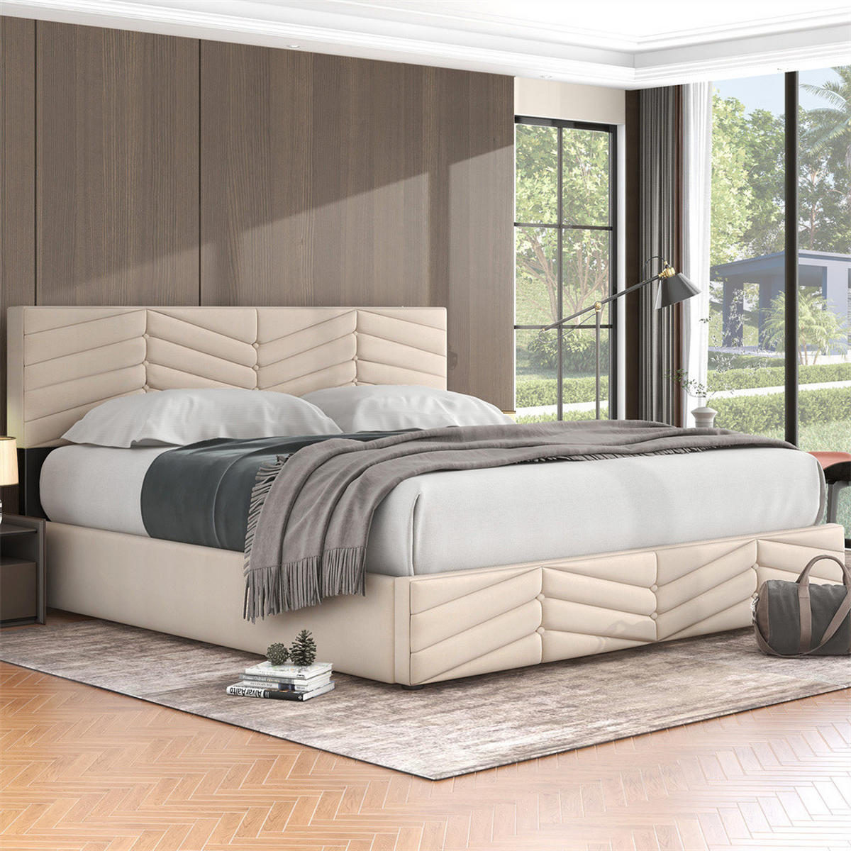 POLSTERBETT 180/200 cm in Beige Samt - Beige, Holz/Textil (180/200cm) - KOMHTOM