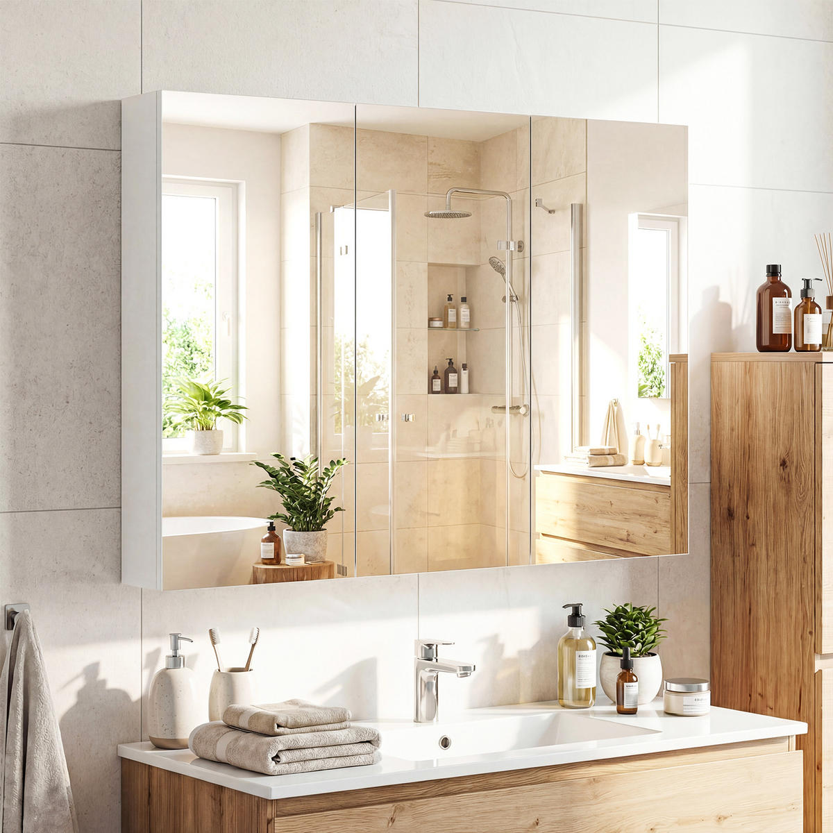 BAD-SPIEGELSCHRANK mit 3 Türen weiß - Weiß, Holzwerkstoff (87/12.5/65cm) - COSTWAY