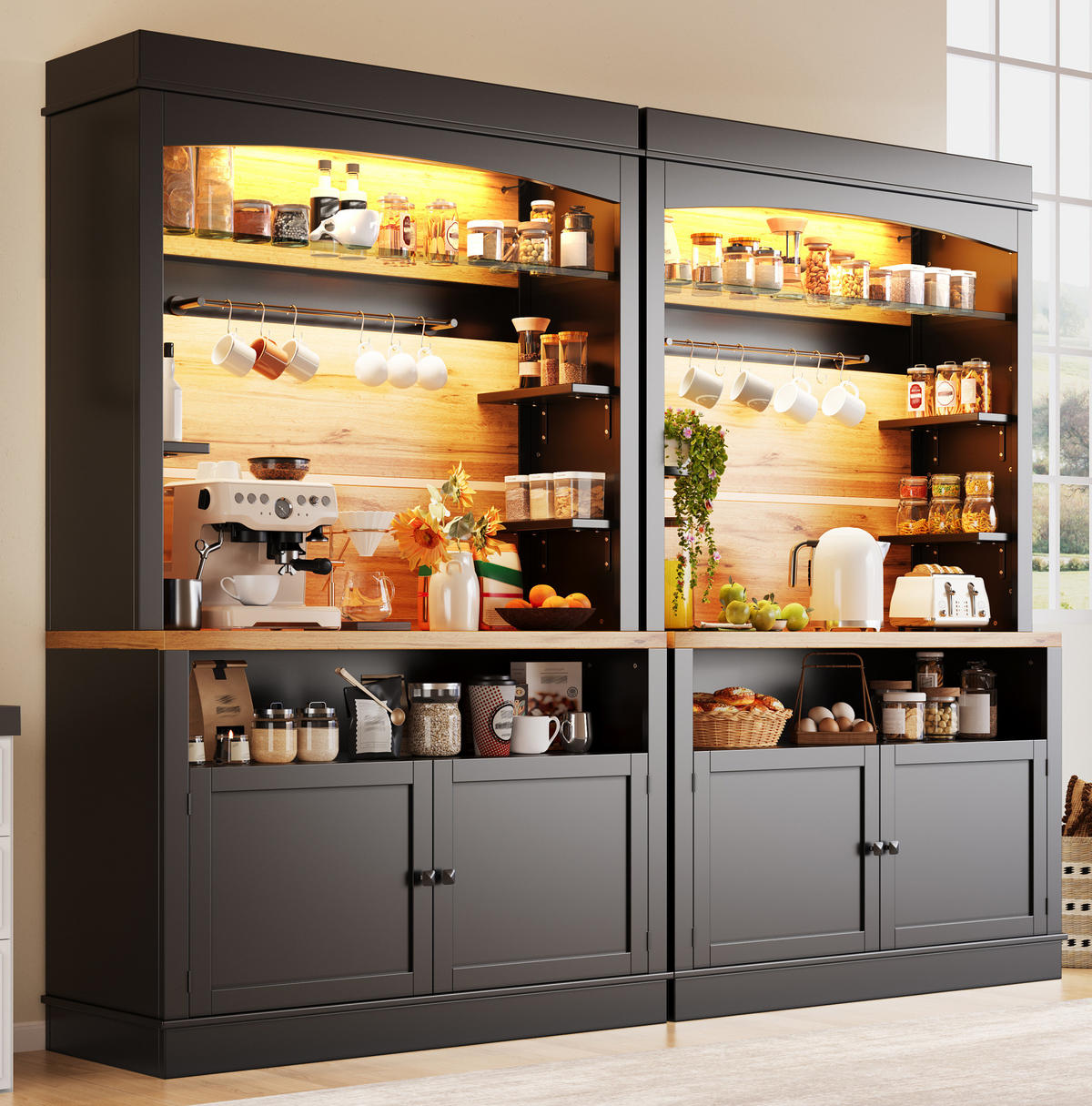 KÜCHENSCHRANK mit LED 107x43x184 cm MDF Metall Schwarz 2er-Set - Schwarz, Metall (43/184/214cm) - Meubliv