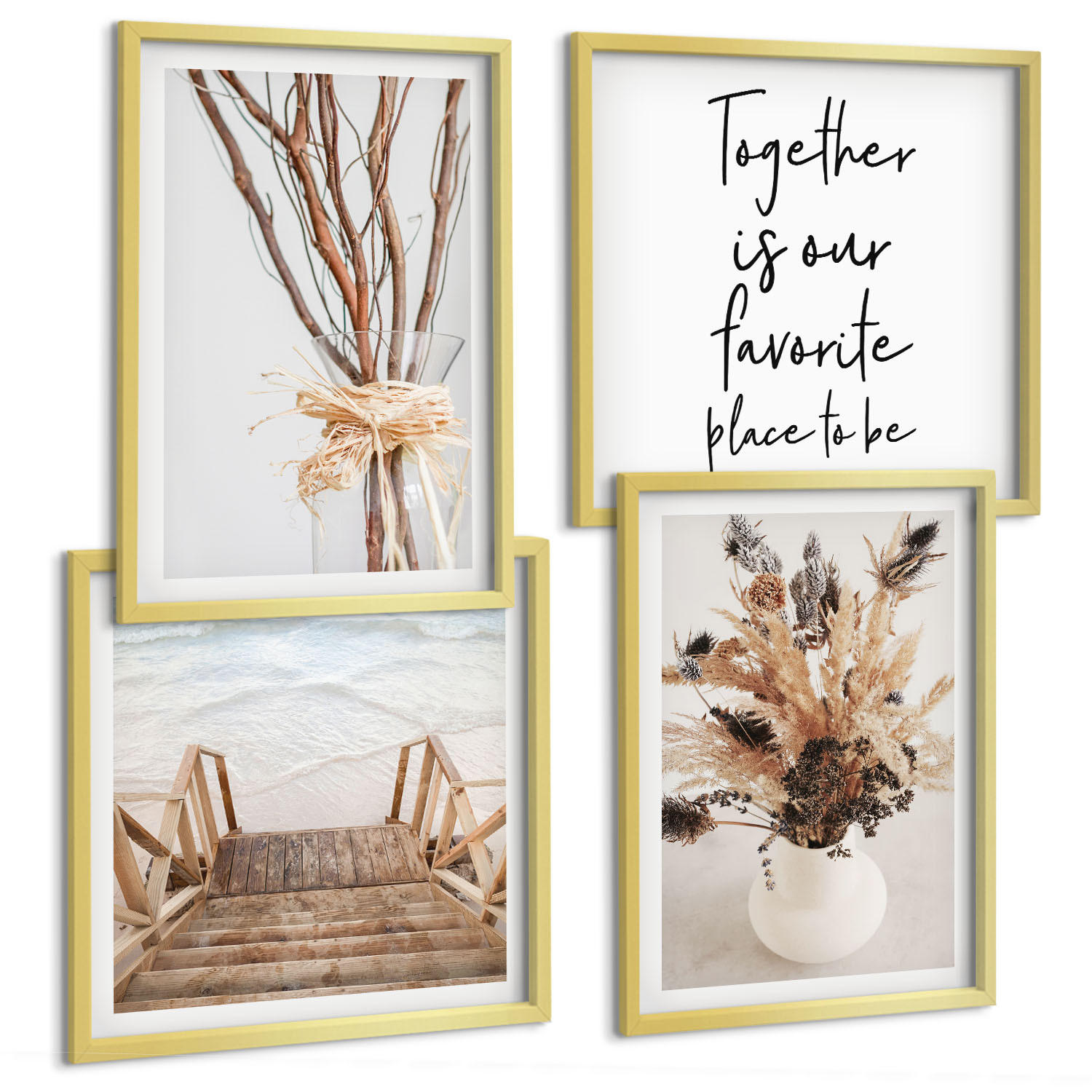 BILDER SET 4er Set - 50x50 cm & 40x60 cm Goldrahmen - Blumenzweige Minimalismus Natur - Goldfarben, Kunststoff (50/50cm) - TULUP