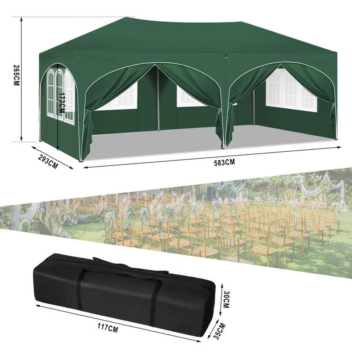 FALTPAVILLON –Grau– 3×6 m, UV-beständig und wasserdicht, mit 6 Seitenteilen - Grau, Metall (293/265/583cm) - Kaket