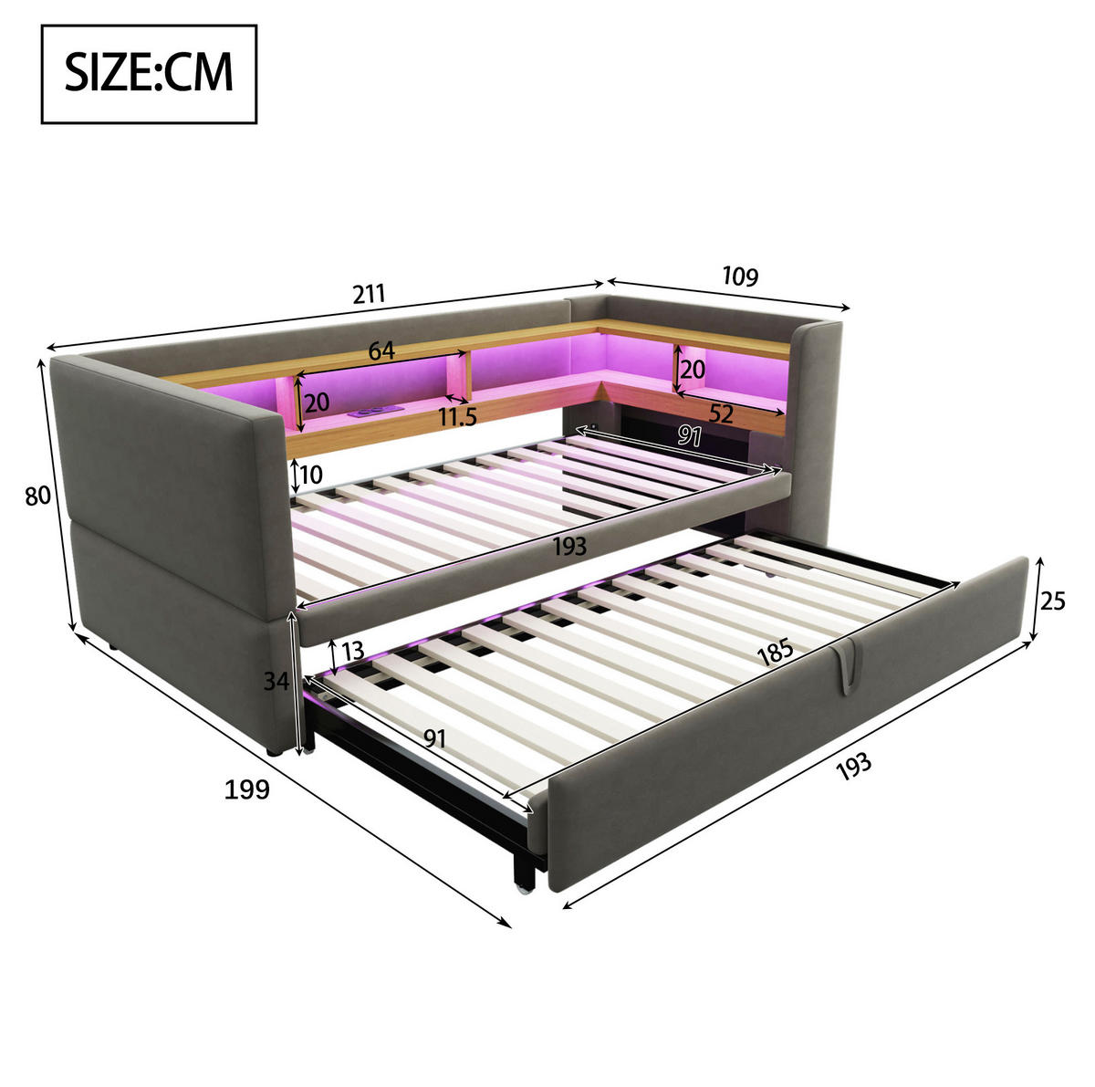 ROZKLÁDACÍ pohovka 90/180x190 cm tmavě šedá z flanelu s LED osvětlením a úložnými policemi - tmavě šedá, textil (90/190cm) - OKWISH