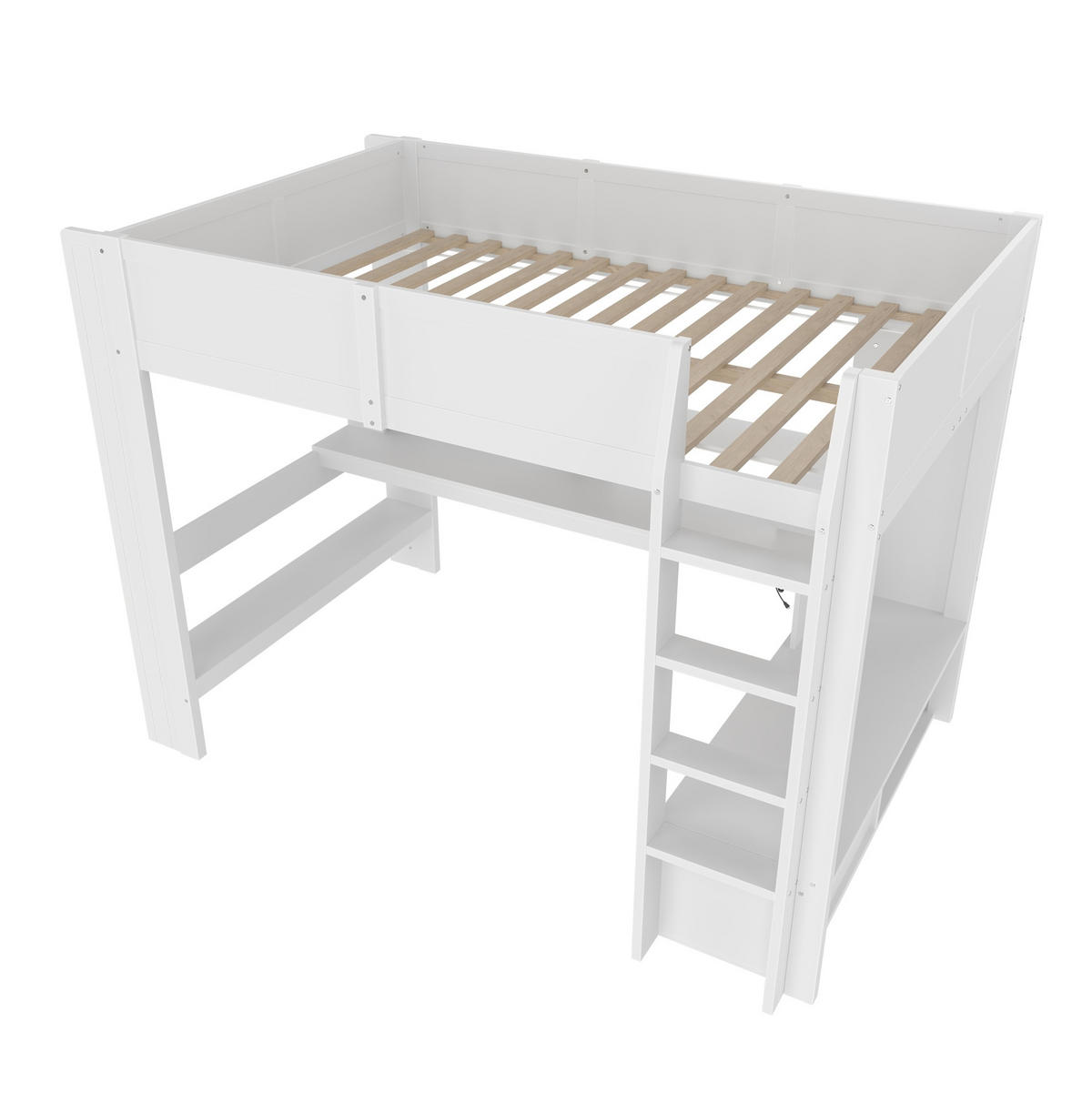 HOCHBETT 140/200 cm mit Schreibtisch, Regal, Schublade und LED-Beleuchtung aus Massivholz, Weiß - Weiß, Holz (140/200cm) - Redom