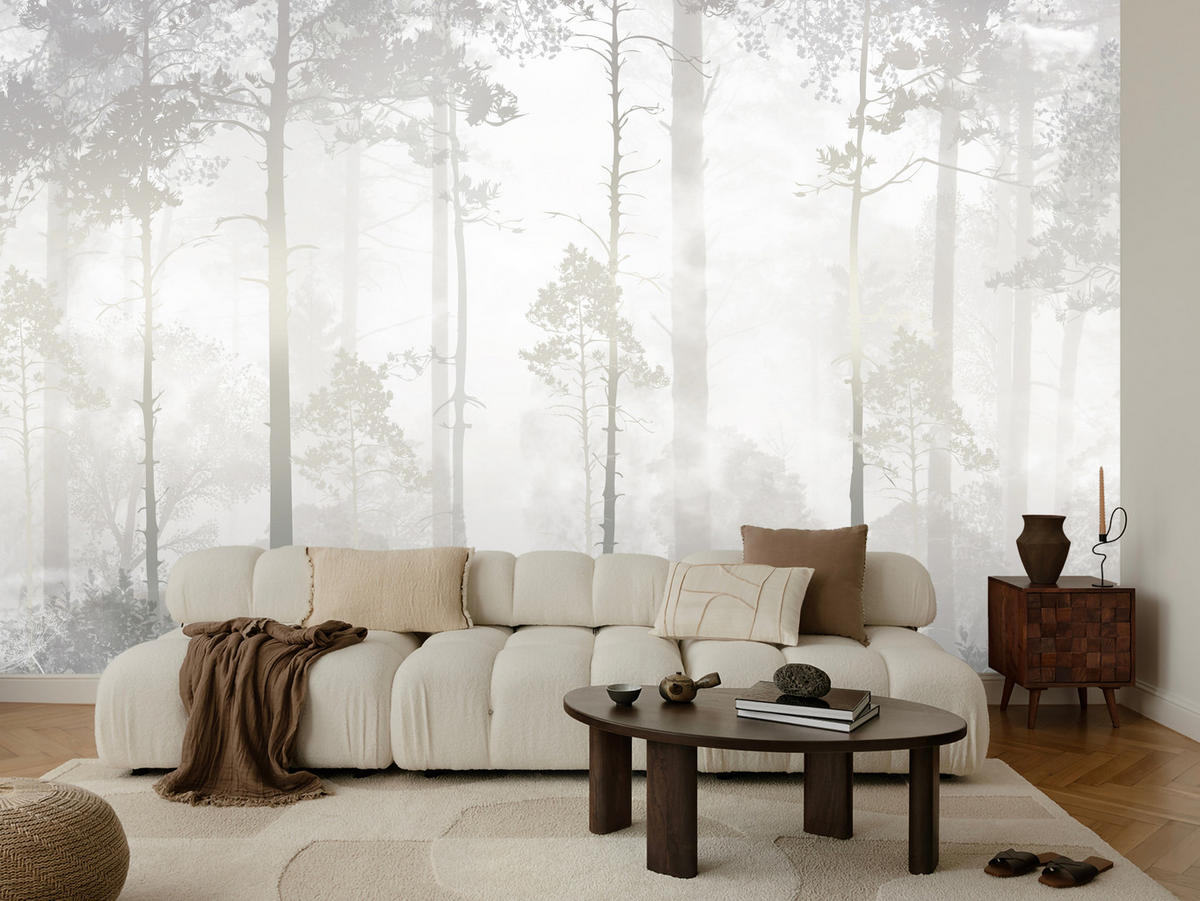 FOTOTAPETE für Schlafzimmer Nebliger Wald Bäume Sträucher Mystik 300x210 - Beige/Weiß, Papier (300/210cm) - Muralo